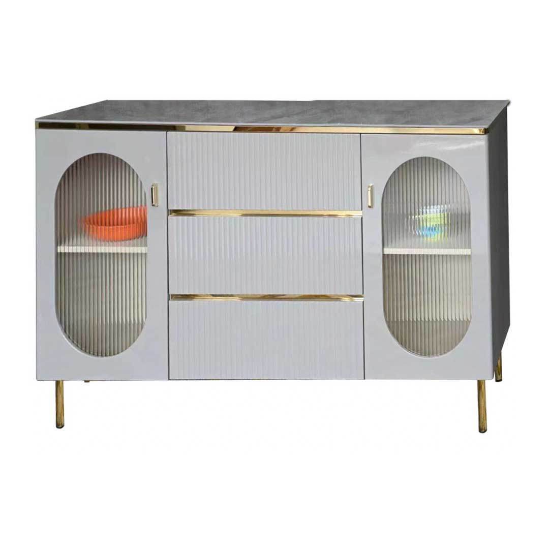 Hollis II Polished Sintered Stone Buffet Hutch - Modern Kitchen Storage Cabinet for Dining Room & Entertaining - Perfect for Displaying China, Glassware & Serving Dishes