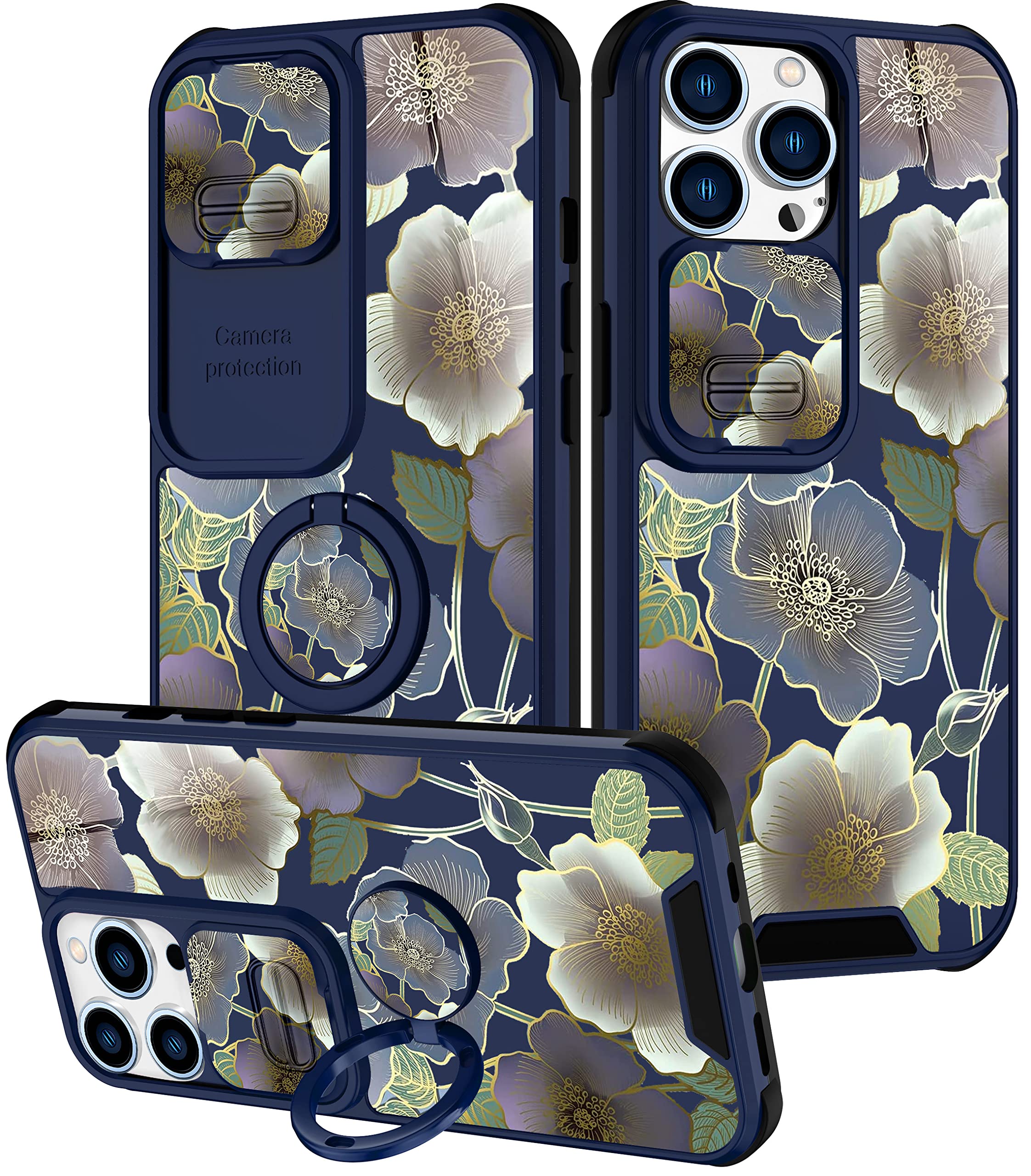 Goocrux 2in1 iPhone 13 Pro Case with Slide Camera Cover & Ring Holder - Floral Flower Design for Women, Girls | Cute Girly Phone Cover | Fashion Pattern Unique Protection for iPhone 13 Pro 6.1