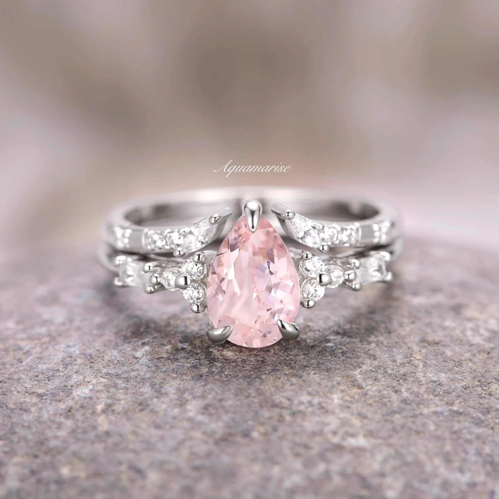 Elegant Teardrop Morganite Couples Ring - 925 Sterling Silver Matching Wedding Bands for Her & Him - Perfect for Anniversaries, Engagements & Romantic Gifts