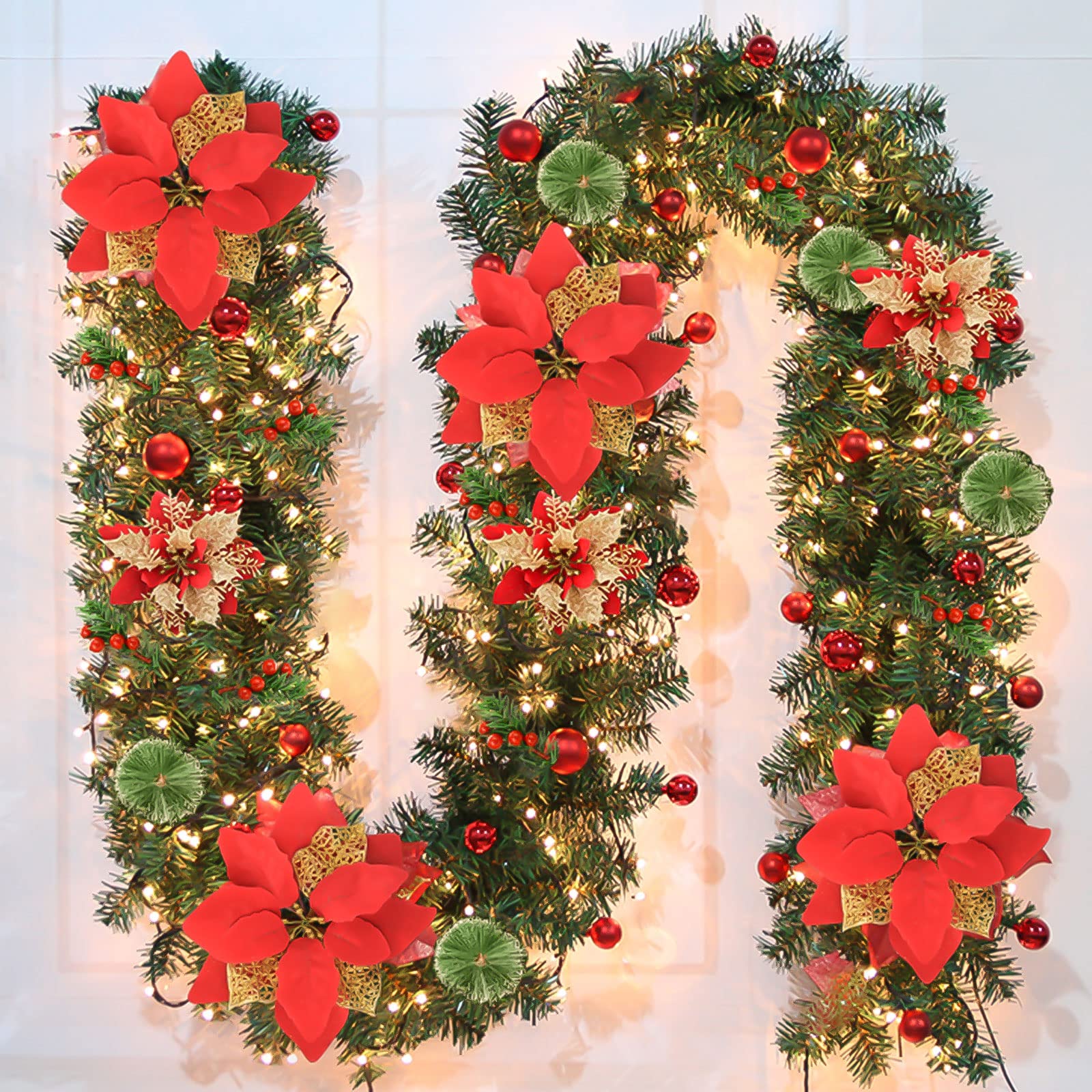 9FT Pre-Lit Artificial Christmas Garland with LED Lights - Pine Needle & Red Berry Decor for Staircase, Fireplace, Railings - Indoor/Outdoor Holiday Decorations (Red Flower Accents) - Perfect for Xmas Tree, Mantel & Front Door Decor