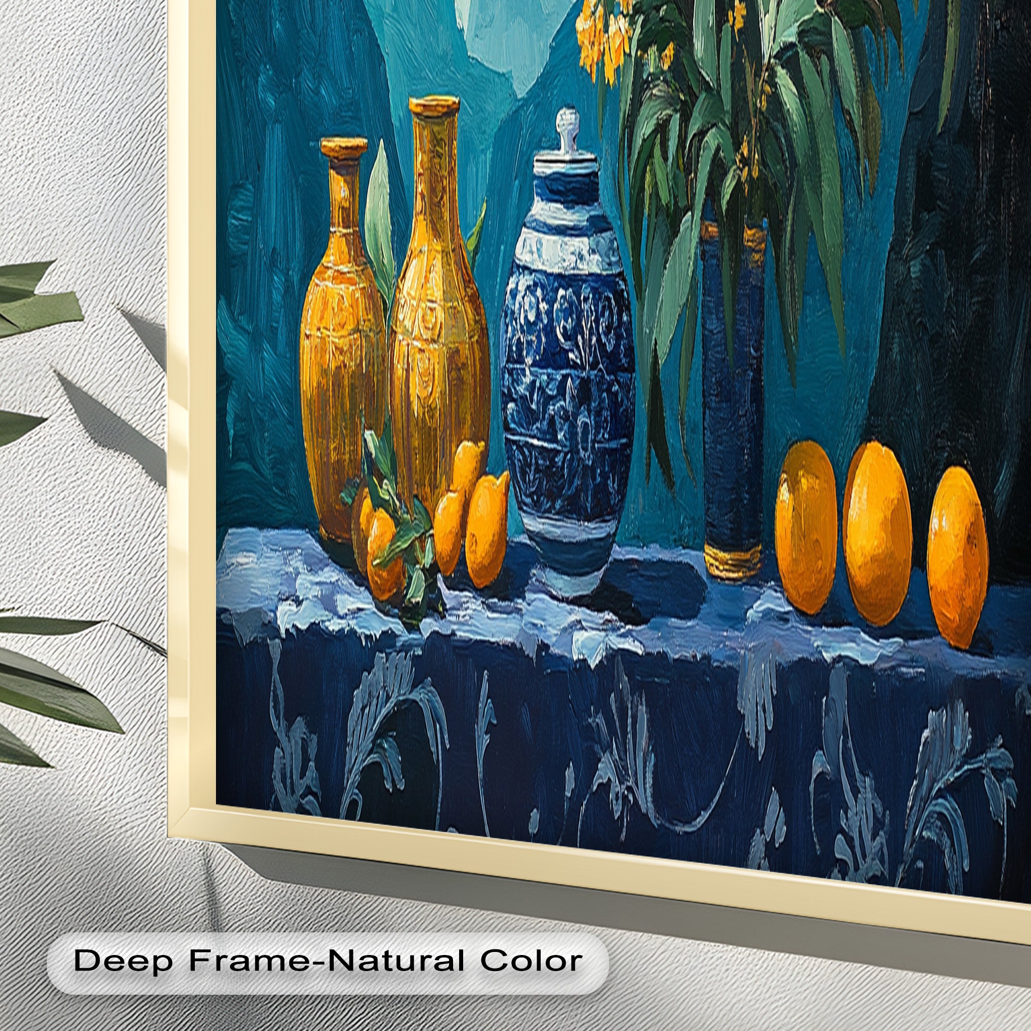 Blue & Yellow Citrus Still Life Vase - Handmade Framed Oil Painting for Home Decor, Living Room, Dining Room Wall Art