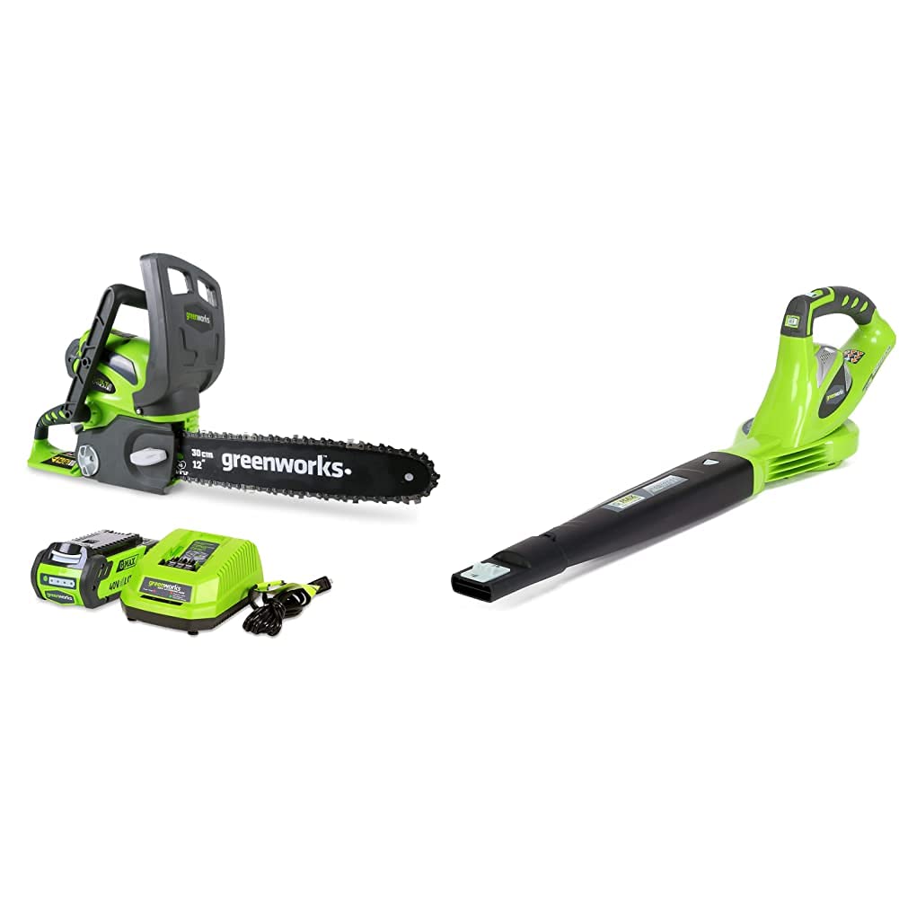 Greenworks 40V 12-Inch Cordless Chainsaw with 2.0Ah Battery & Charger (20262) + 40V 150 MPH Cordless Leaf Blower (24282) - Perfect for Yard Work, Tree Trimming & Fall Cleanup