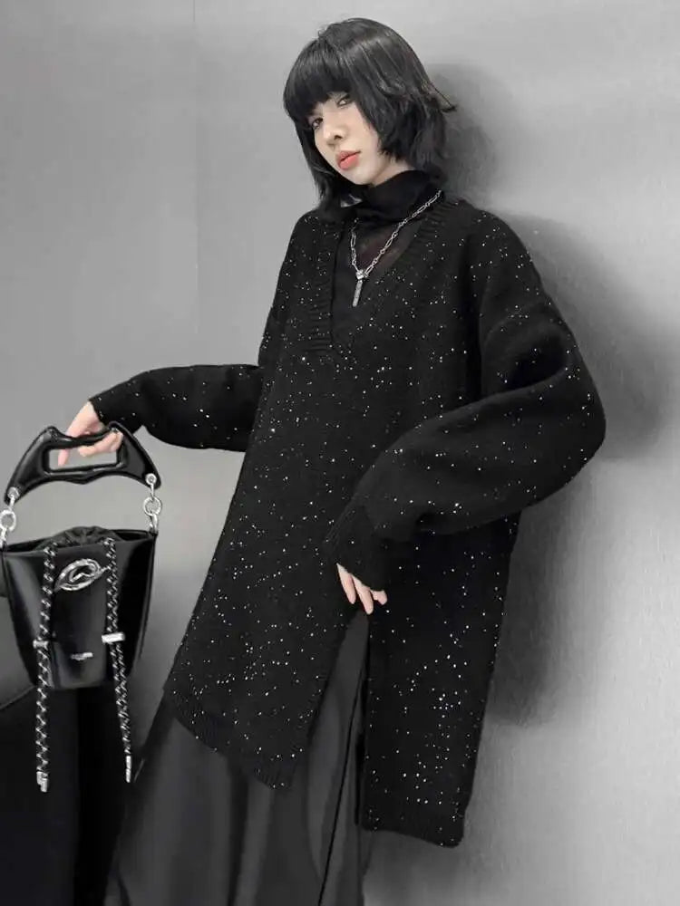 Black Sequin Slit Knit Sweater for Women - V Neck Long Sleeve Pullover Plus Size Fashion Top for Spring & Fall 2025 | Perfect for Parties, Date Nights & Holiday Outfits (Style 1DH9222)