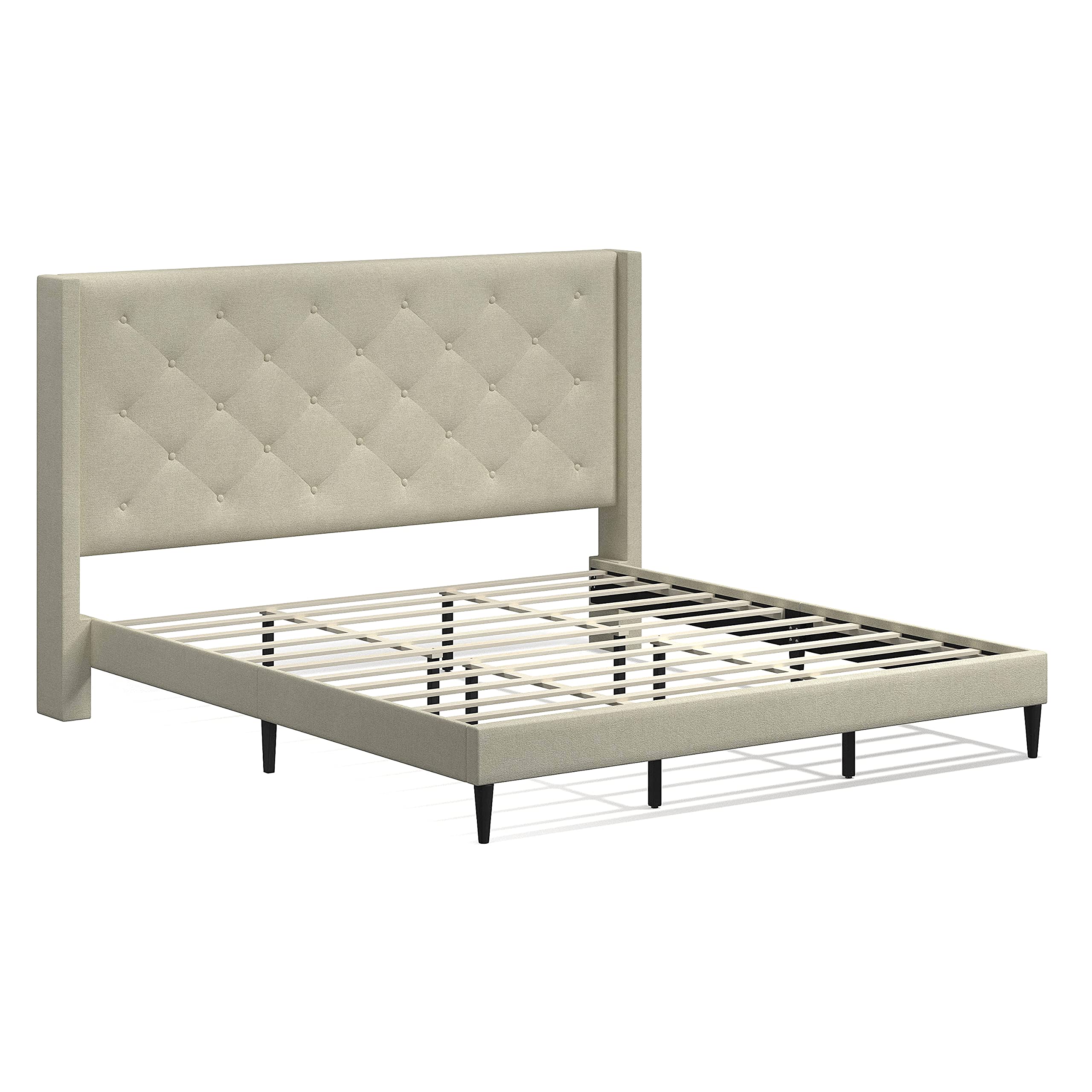 Glenwillow Home Huppe Upholstered Platform Bed Frame - King Size Beige Mid Century Modern Wingback Headboard with Button Tufting | No Box Spring Required | Easy Assembly | Perfect for Master Bedrooms & Guest Rooms