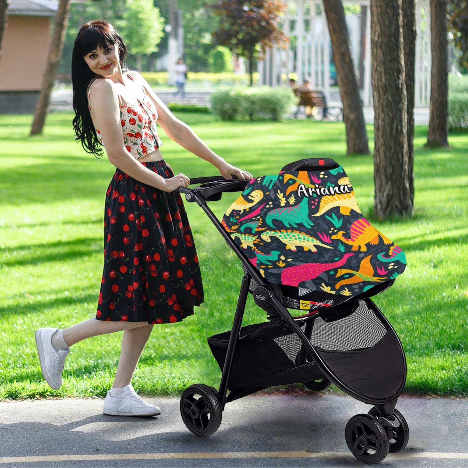 Custom Personalized Dinosaur Baby Car Seat Cover - Stretchy Infant Stroller Canopy for Boys & Girls - Multi-Use Nursing Cover & Sunshade - Perfect for Travel, Shopping & Outdoor Adventures