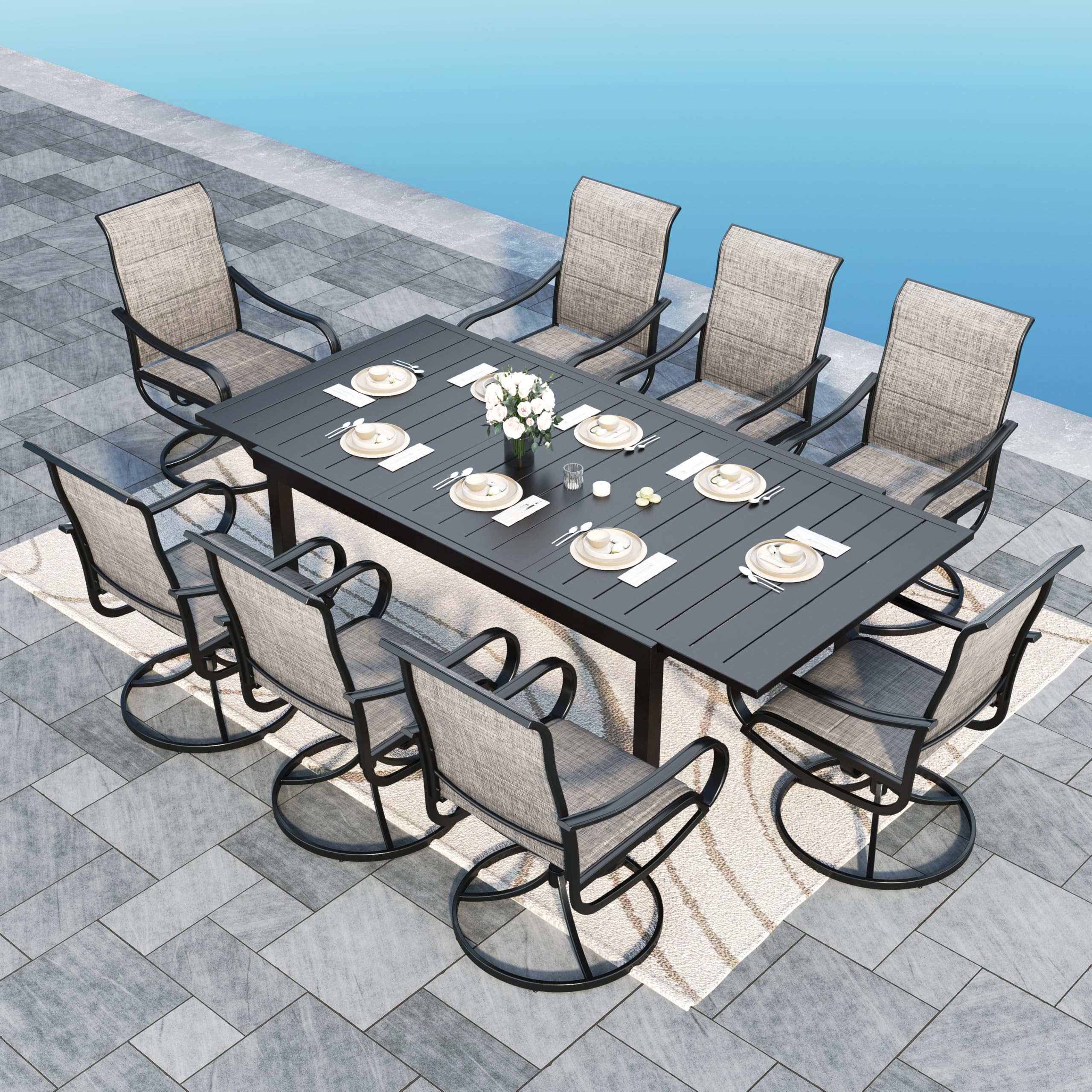 Sophia & William 9-Piece Outdoor Patio Dining Set - 8 Swivel Chairs with Cushions & 1 Expandable Table (Seats 6-8) - Durable Metal Garden Furniture for Backyard, Lawn, Poolside & Outdoor Entertaining