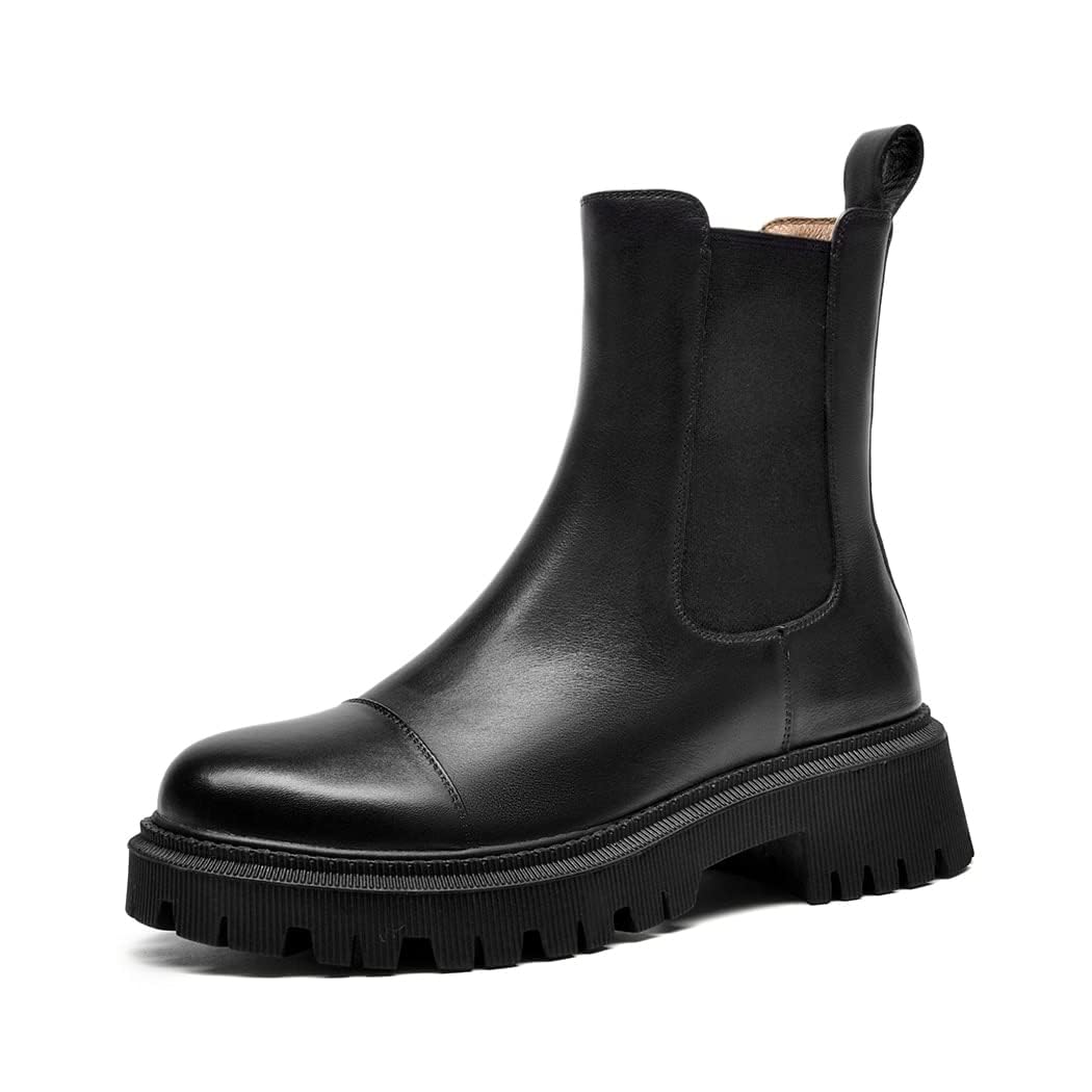 BEAU TODAY Women's Chunky Platform Leather Chelsea Boots - Round Toe Ankle Booties for Winter Fashion & Dress Outfits | Perfect for Office, Casual Wear & Night Out