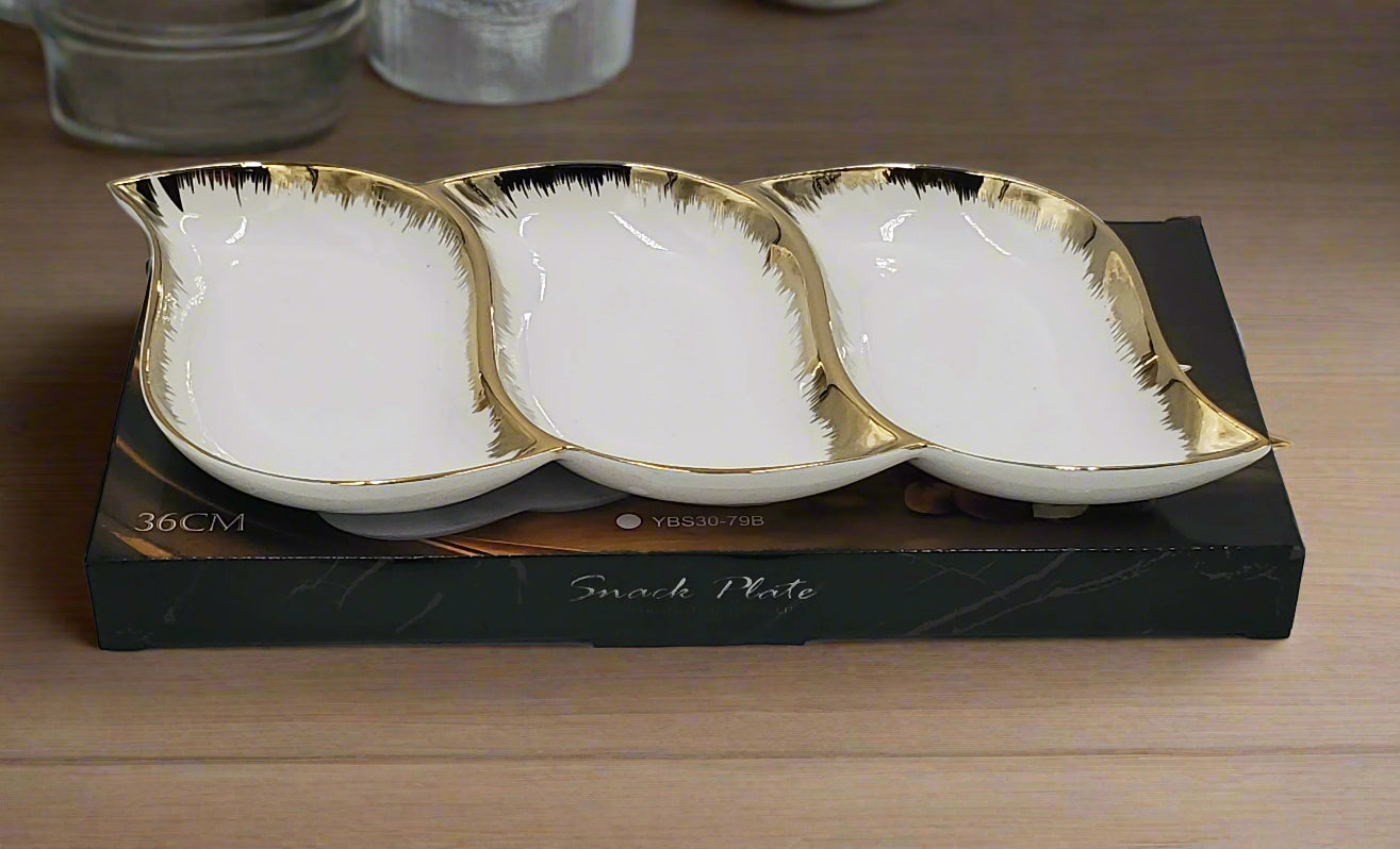 15X6.5 Inch 3-Piece Porcelain Dinner Plate Set with Gold Trim - Elegant Table Setting for Weddings, Parties & Fine Dining