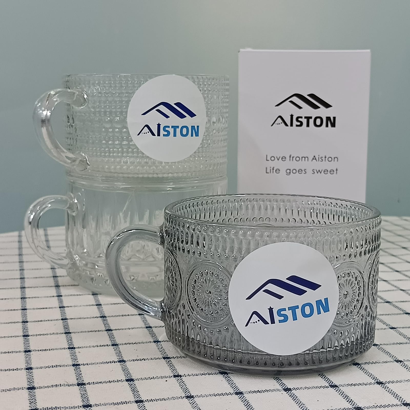 Personalized 14oz Stackable Coffee Mugs with Handle - Clear Vintage Embossed Tea Cups for Latte, Espresso & Hot Beverages - Perfect Gift for Coffee Lovers, Housewarming & Office Use (Diamond Pattern)