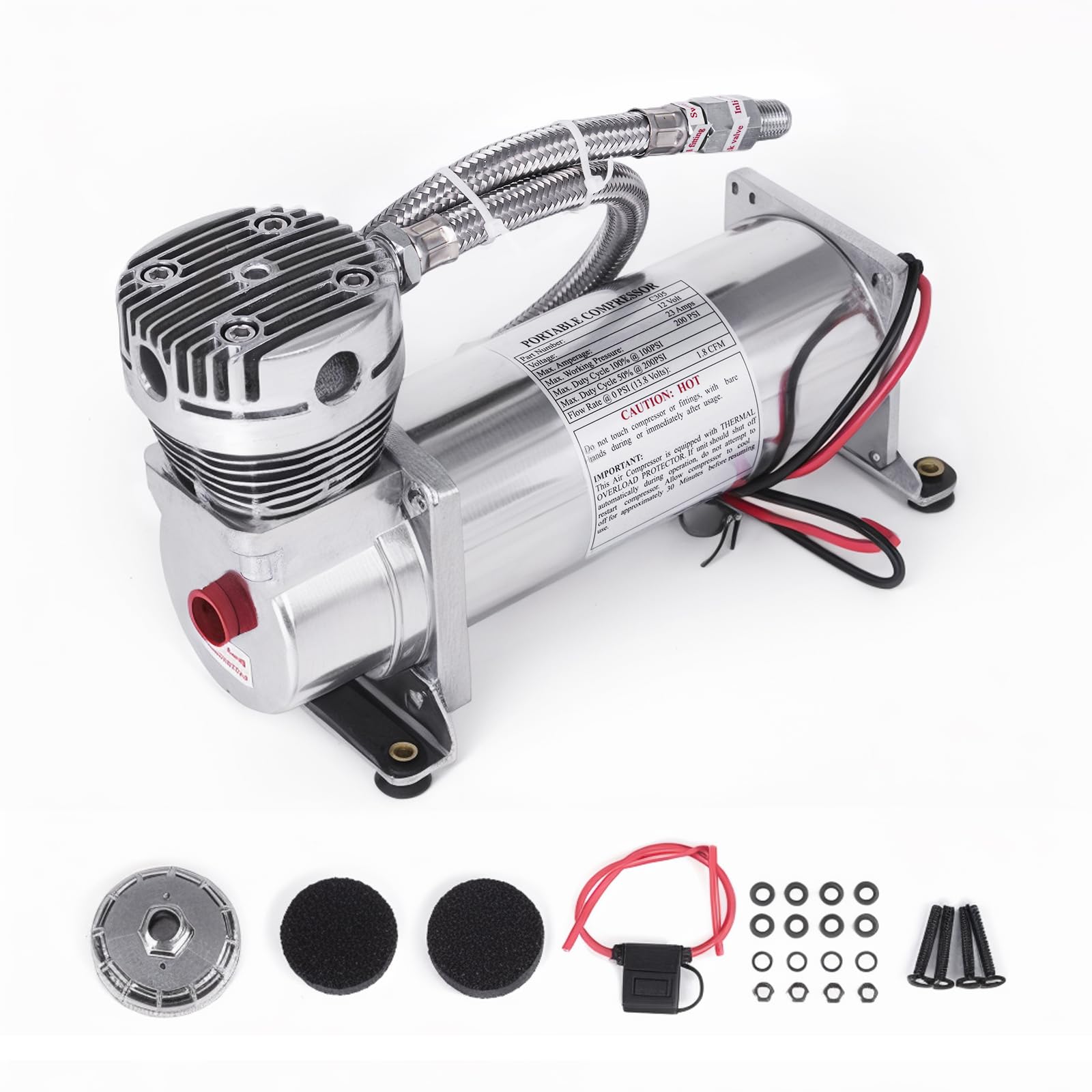 200PSI 1/4 NPT Heavy Duty 12V Air Compressor for Train Horn & Air Ride Suspension - Perfect for Trucks, Cars & Vehicles (Silver) - Ideal for Off-Roading, Towing & Custom Automotive Upgrades