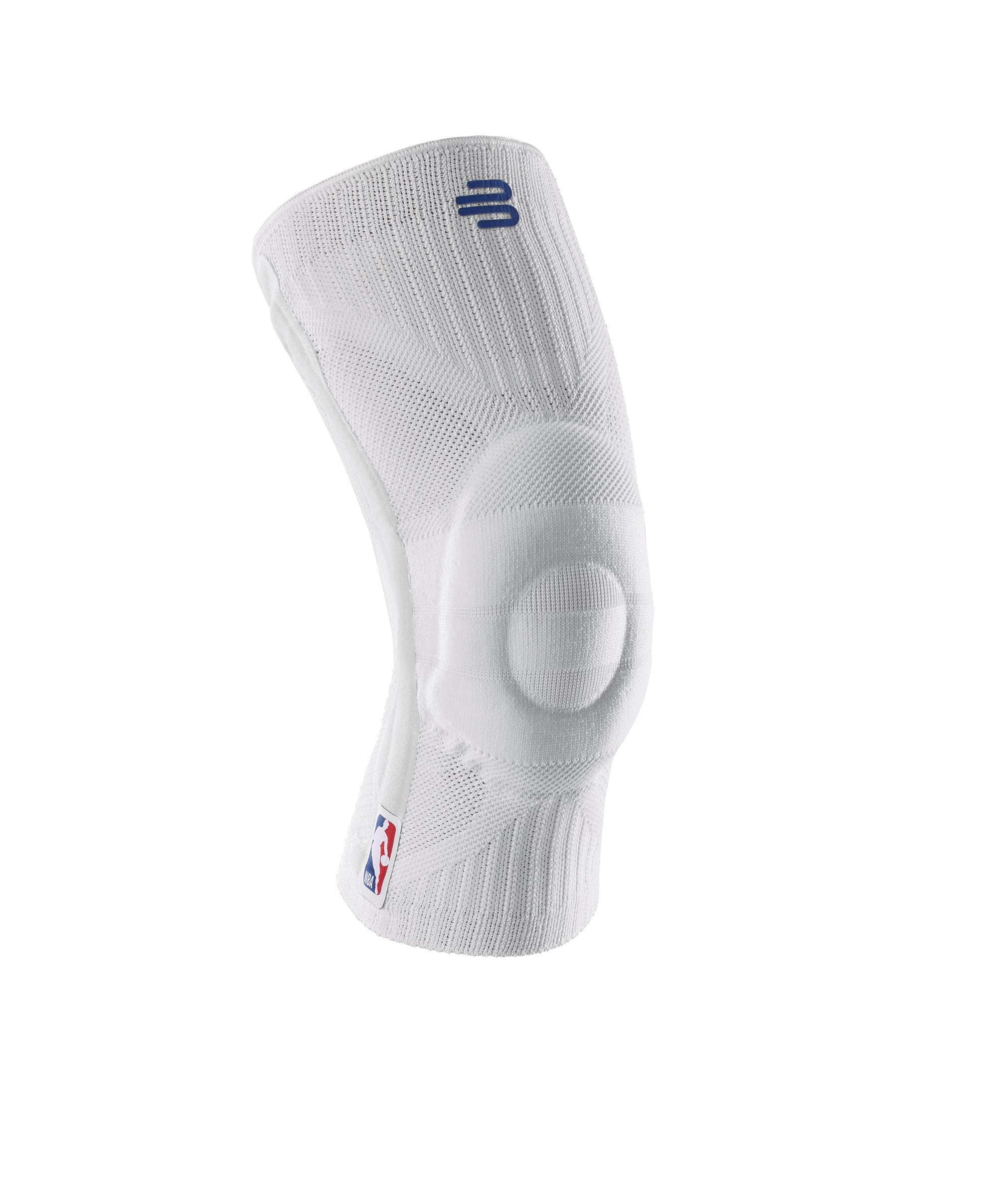 Bauerfeind Sports Knee Support NBA - Officially Licensed Basketball Knee Brace with Medical Compression - Stabilizing Sleeve with Omega Gel Pad for Pain Relief & Joint Support (White, Size S) - Ideal for Basketball, Running, Volleyball & Active Lifestyles