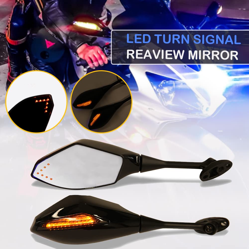 DREAMIZER Motorcycle Rear View Mirrors with Integrated Turn Signal Lights - Universal Fit for Honda CBR500RR CBR600RR CBR1000RR & Suzuki GSXR600 GSXR750 - Gloss Black with Yellow Arrow Indicators - Enhanced Safety for Night Riding and Urban Commuting