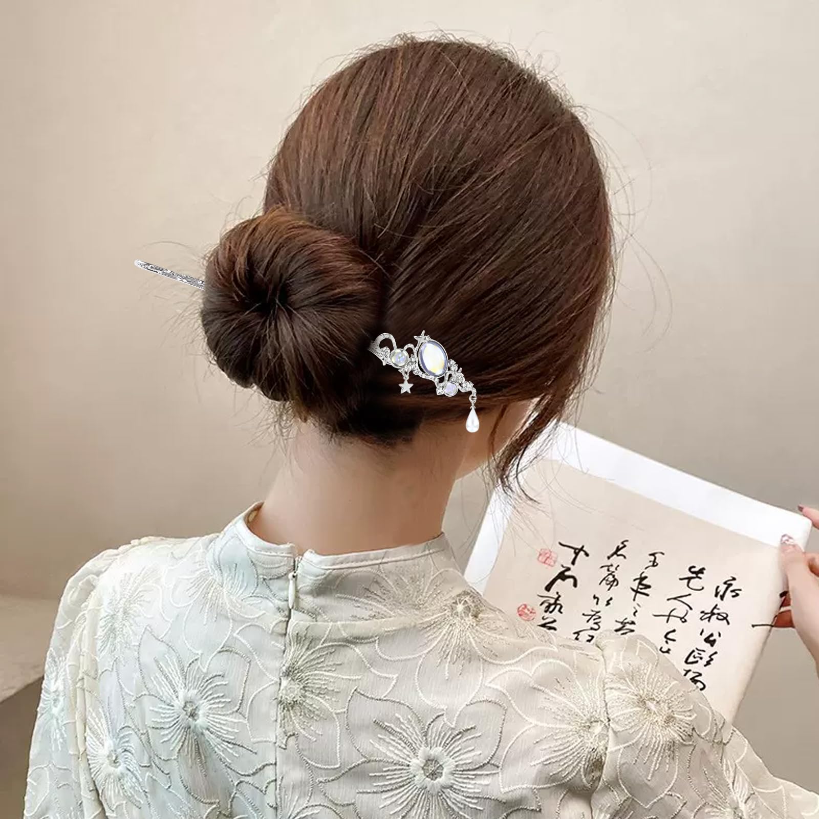 8Pcs Retro Crystal Pearl Silver Hair Sticks with Pendants - Chinese Hanfu Hair Forks, Cloud Star Lotus Hairpins for Women, Bun Updo Holders - Perfect for Weddings, Cosplay & Traditional Asian Hairstyles