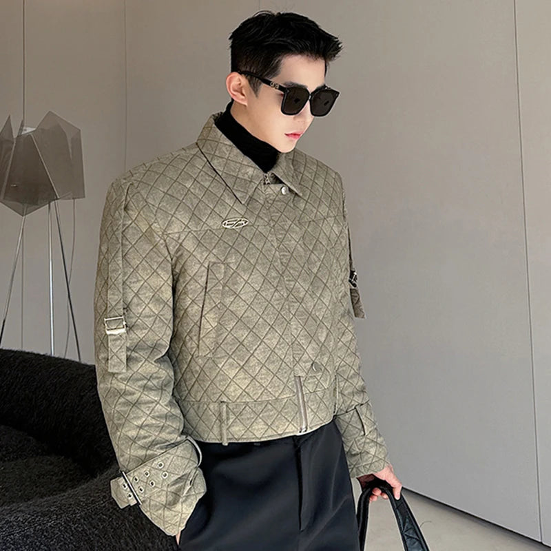 Argyle Men's Padded Jacket with Lapel Buckle Design - Gradient Color Zipper Cotton Short Coat - American Style Winter Outerwear for Casual Wear & Outdoor Activities (Model 9C3926)