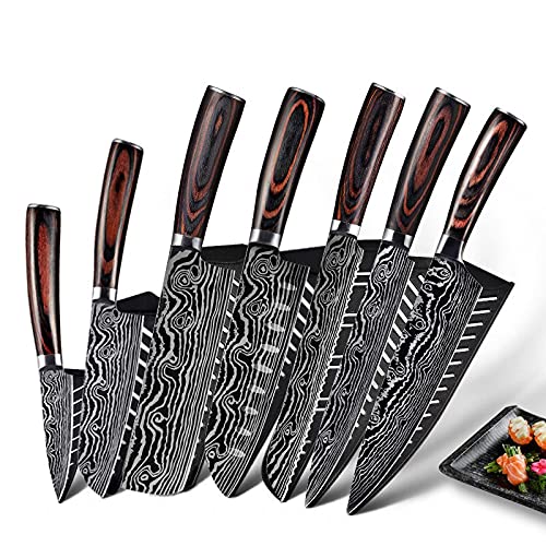 Premium Damascus Steel Knife Set - 7-Piece Professional Chef Knives with Laser Etched Pattern, 5Cr15MoV Stainless Steel Blades - Perfect for Home Cooking, Restaurant Use & Gift Giving