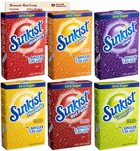 Sunkist Singles to Go Variety Pack - 6 Flavors (Pineapple, Strawberry, Orange, Grape, Lemon Lime, Red Punch) - Convenient Drink Mix Packets for Office, Gym & Travel - Includes Ballard Products Recipe Card