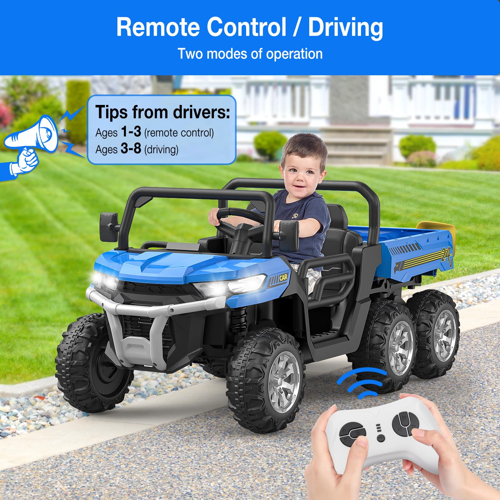 Hetoy 24V 2 Seater Electric Ride On Dump Truck with Remote Control - 4WD Power UTV Car with Dump Bed & 6 Wheels - Kids Ride On Toys for Boys & Girls - Perfect for Outdoor Play, Construction Pretend Play & Backyard Adventures