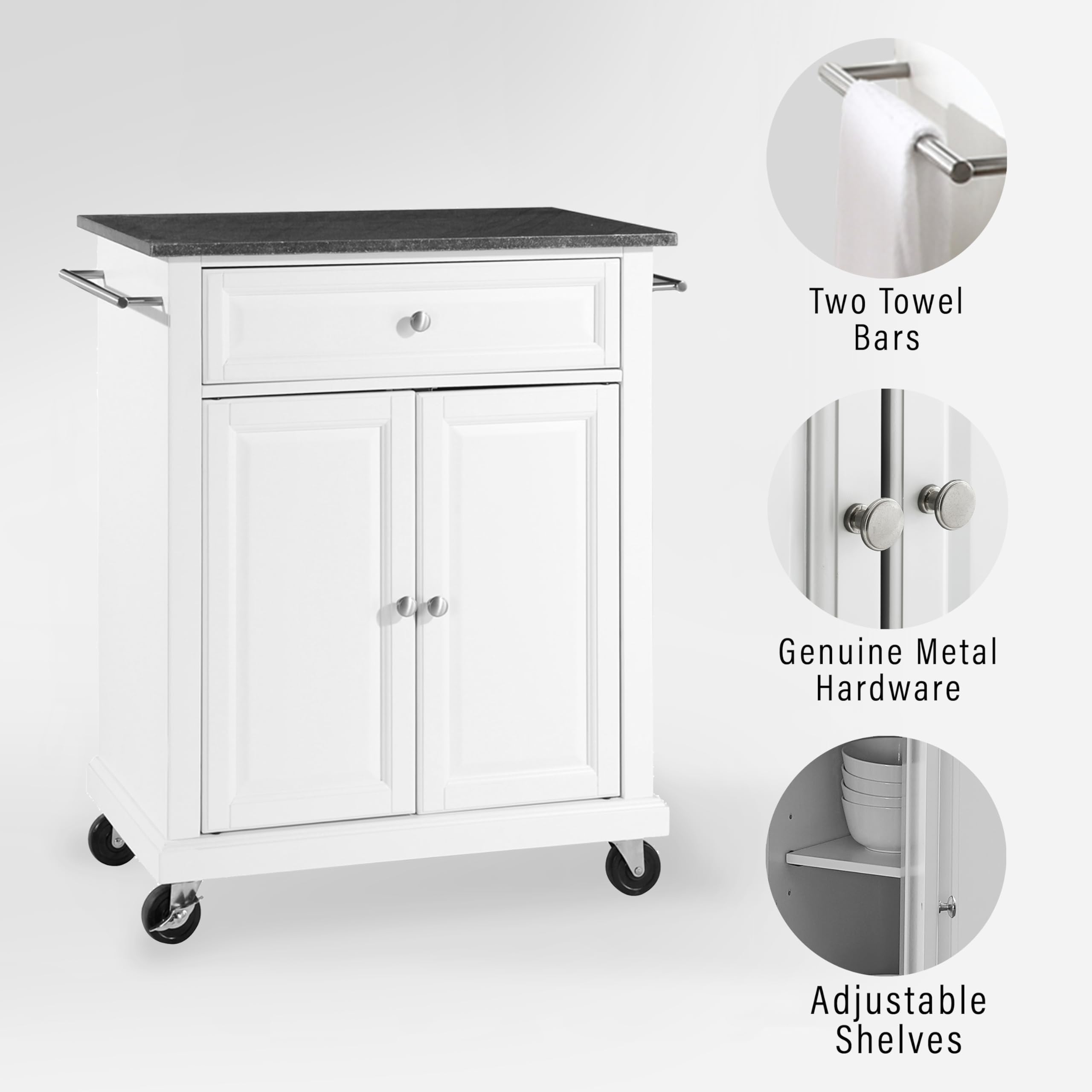 Crosley Compact Granite Top Rolling Cart with Shelves - White Microwave Stand with Towel Rack | Kitchen & Bathroom Storage Organizer for Small Spaces