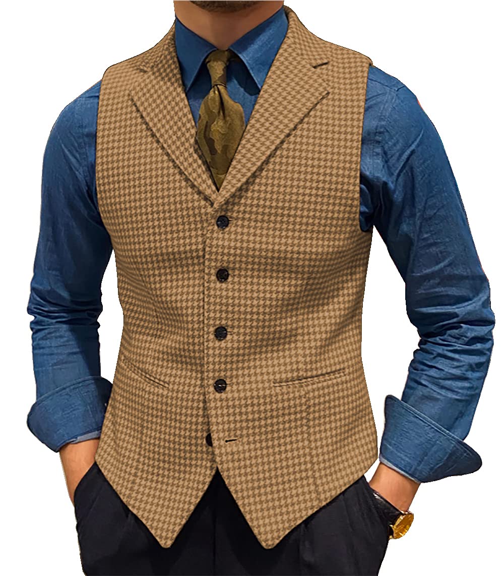Men's Slim Fit Houndstooth Wool Tweed Vest - Formal Waistcoat for Business, Wedding & Office Wear | Classic Plaid Design for Stylish Menswear