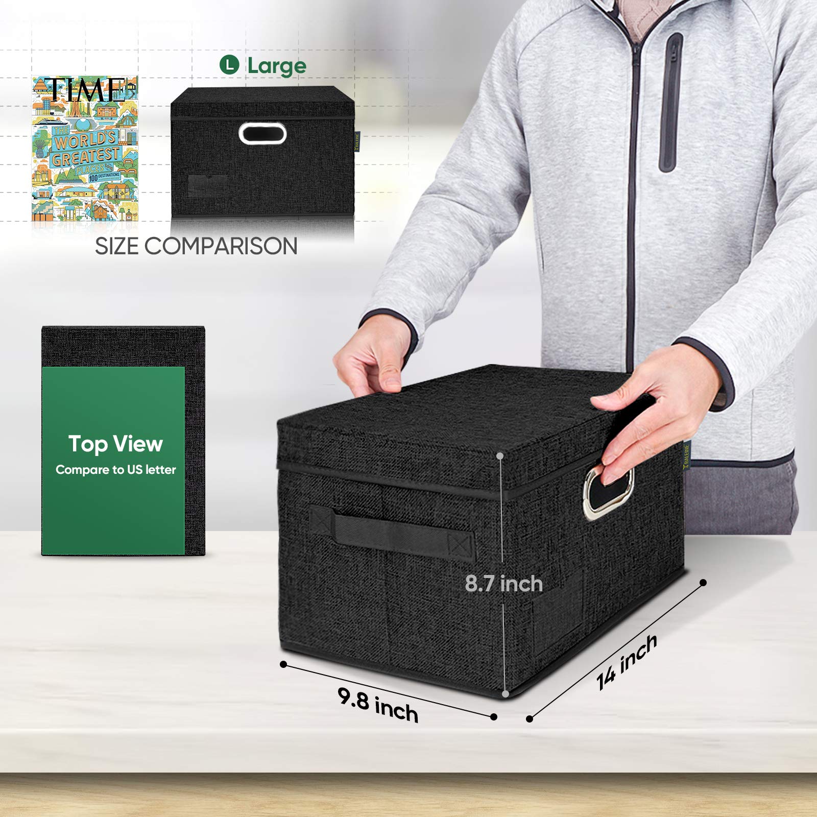 BALEINE 5-Pack Large Black Foldable Storage Bins with Lids - Collapsible Linen Fabric Closet Organizer Containers for Bedroom, Office & Home Organization | Perfect for Seasonal Clothes, Toys & Blanket Storage