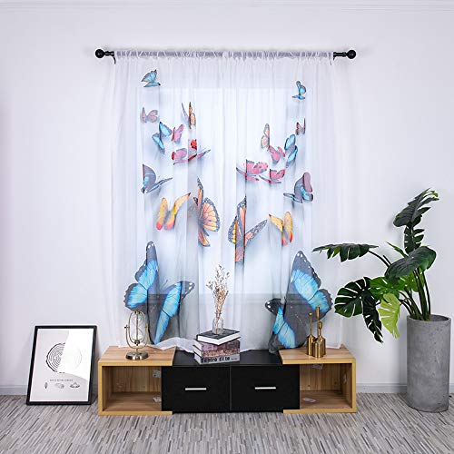 BOYOUTH Colorful Butterflies Pattern Digital Print White Sheer Voile Curtains for Small Windows - Rod Pocket Window Drapes for Bedroom, Study & Living Room - Multicolor 2 Panels 53 x 78 Inches - Light Filtering Privacy Sheers for Nursery, Kids Room & Dorm Decor