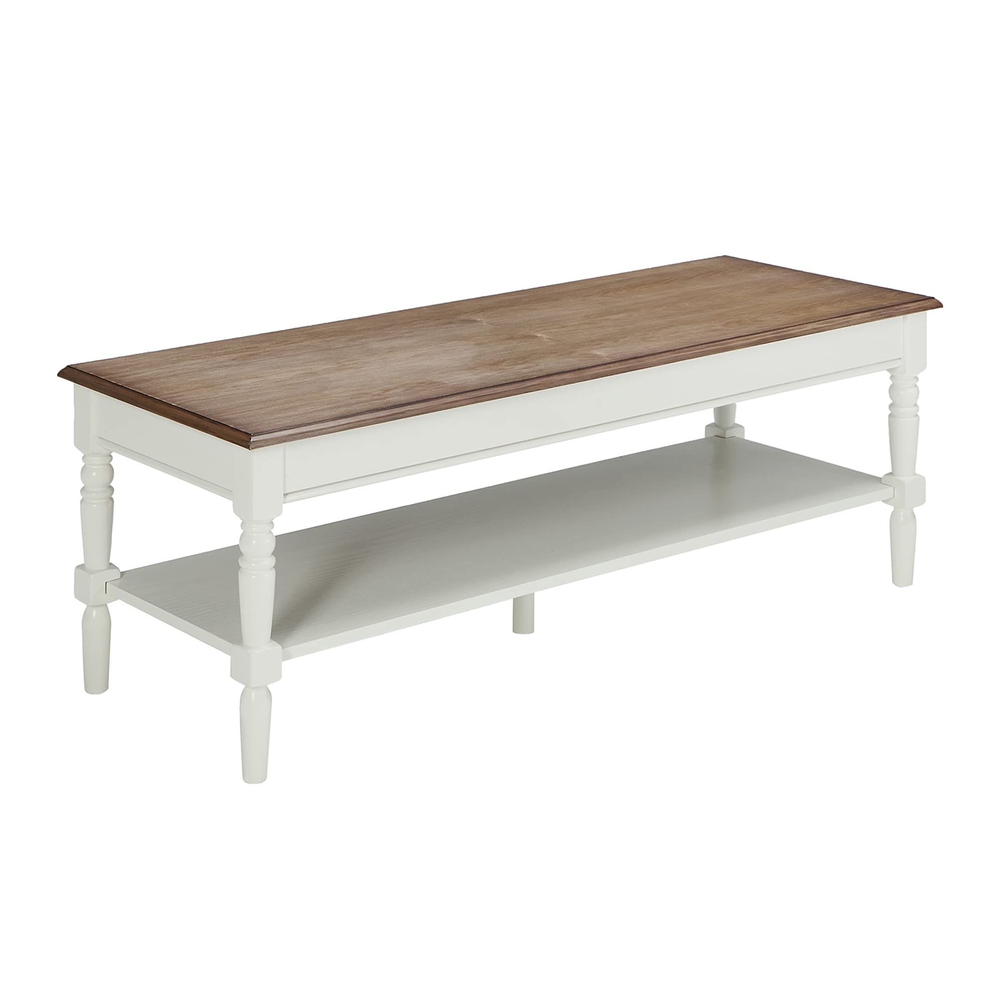 French Country Coffee Table with Shelf - Driftwood & White Finish - Rustic Farmhouse Living Room Furniture for Home Decor & Cozy Gatherings
