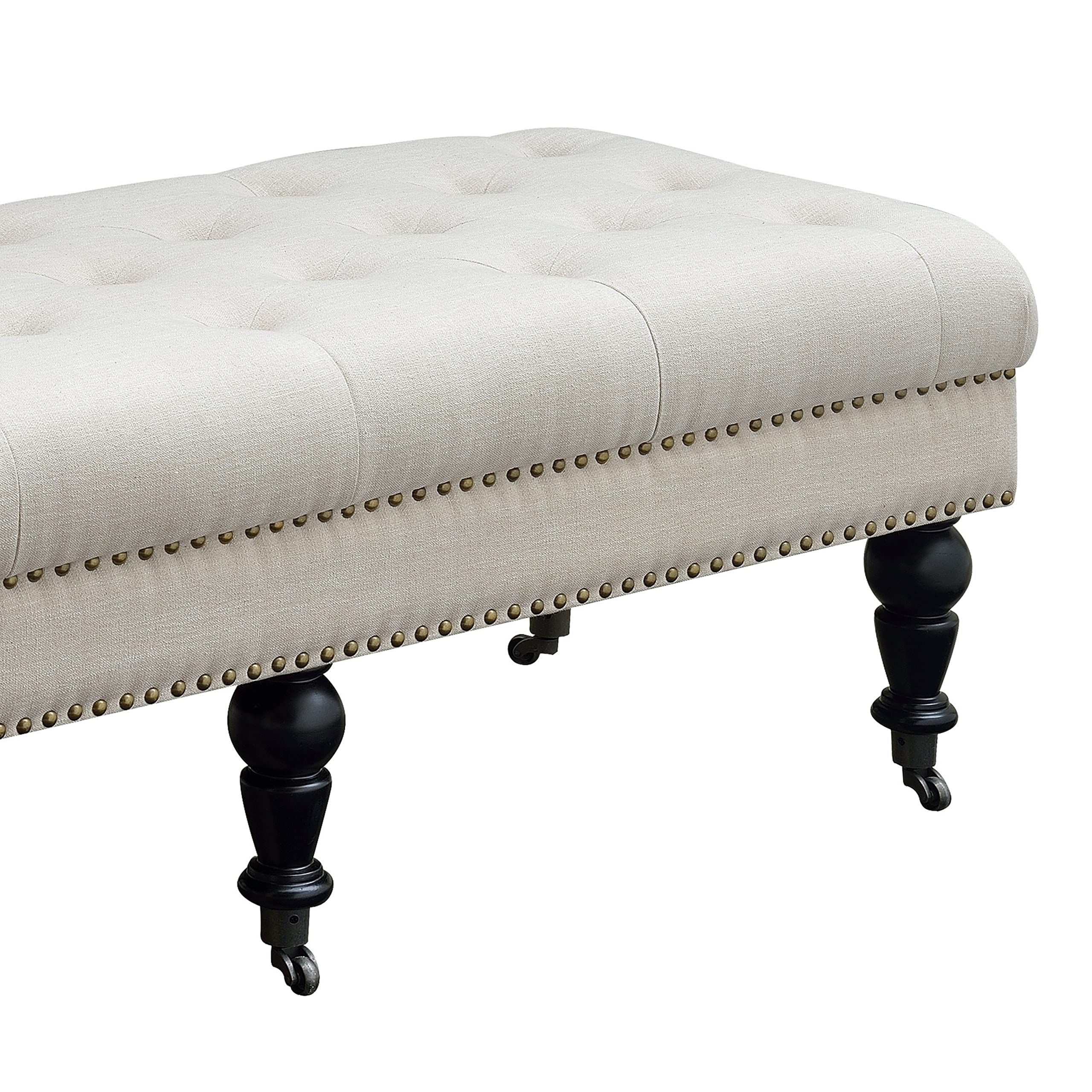Benjara Button Tufted Bench with Caster Wheels - Upholstered Storage Ottoman in Black & Beige | Perfect for Living Room, Bedroom, or Entryway Seating