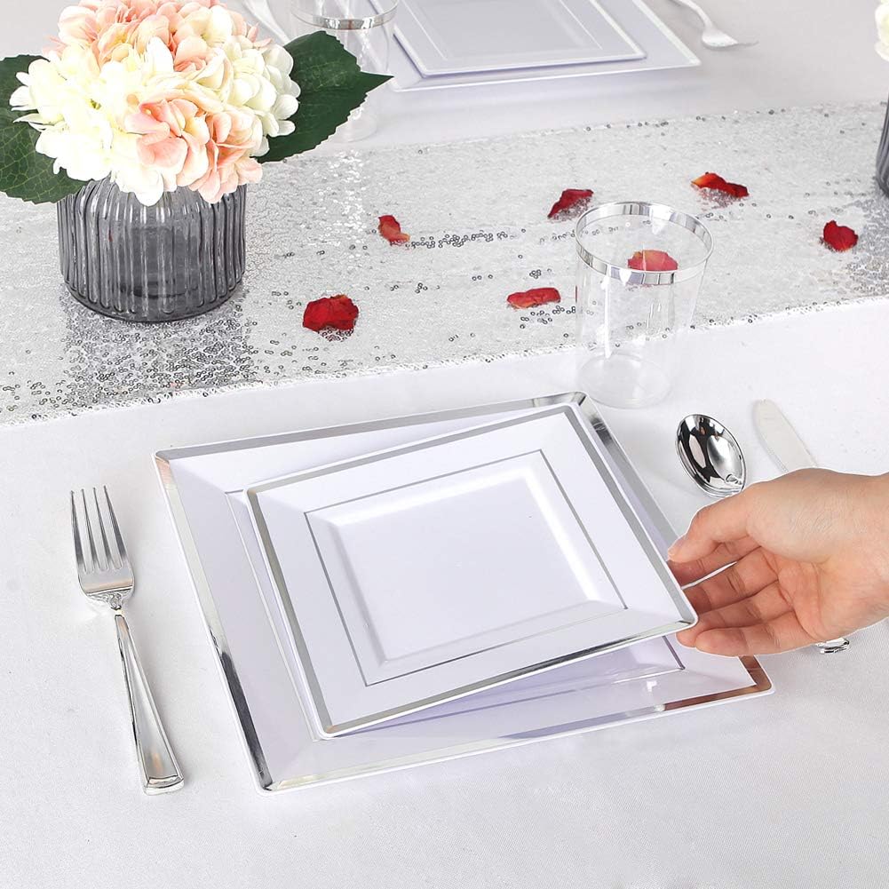 50-Pack Silver Plastic Plates with Disposable Cutlery Set - Square Dinner Plates, Silver Plastic Cups & Utensils for Wedding, Party, Banquet & Catering Events - Elegant Disposable Tableware for Easy Cleanup