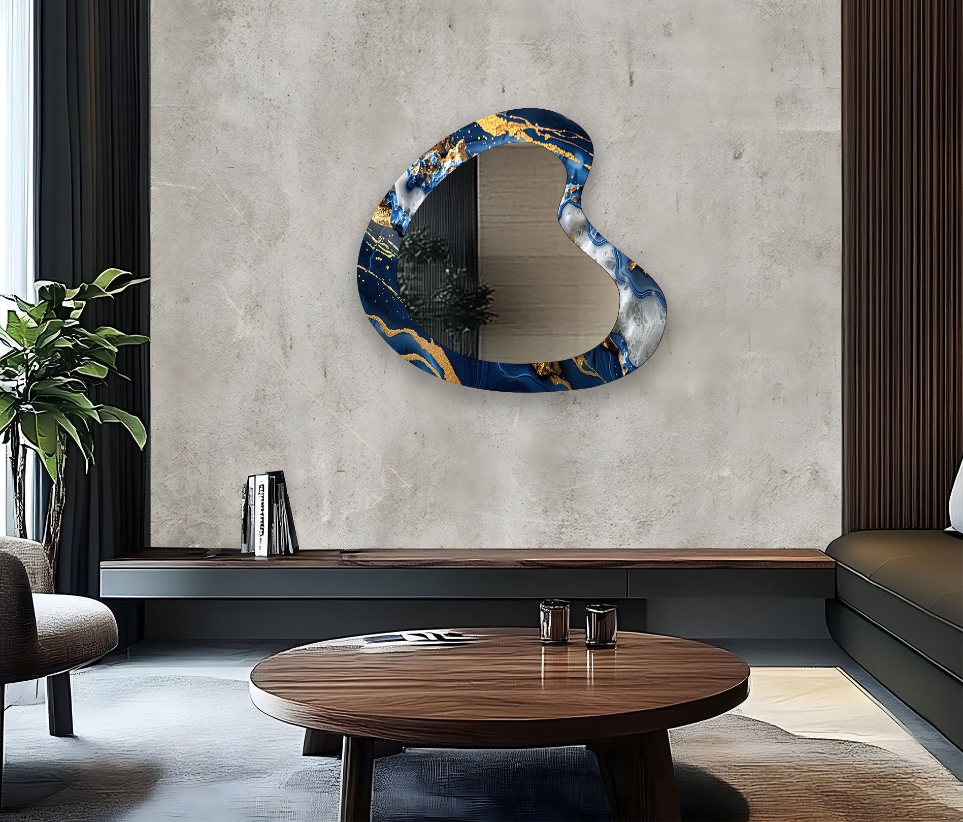 Blue & Gold Marble Irregular Wall Mirror - Modern Decorative Mirror for Living Room, Bedroom, Entryway | Unique Home Decor Accent Piece