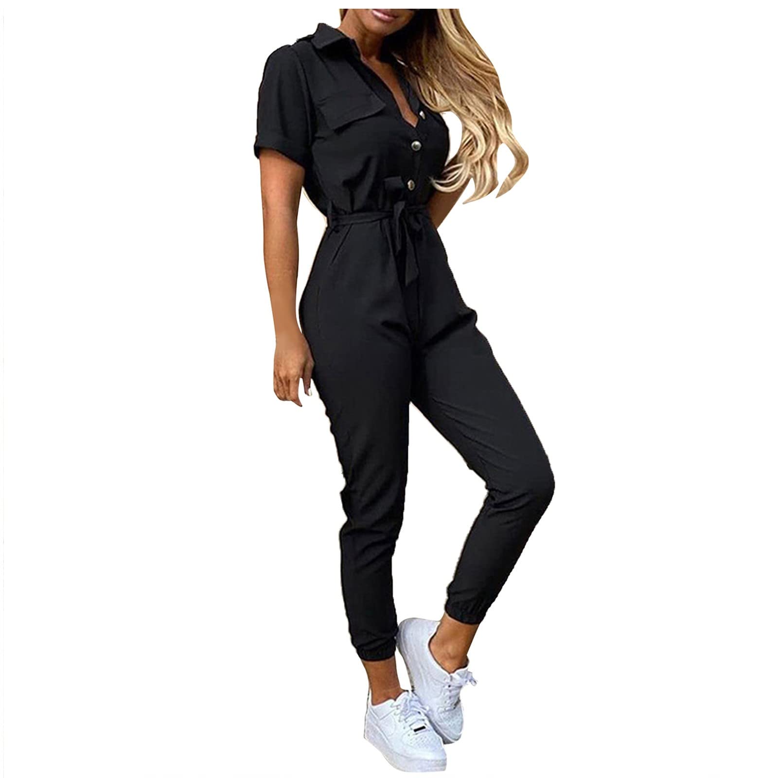 UODSVP Women's Shorts Jumpsuit - Summer Casual Lapel Lace-Up Romper with Printed Belt & Short Sleeves | Urban Fashion Workwear for Office, Beach & Outdoor Activities
