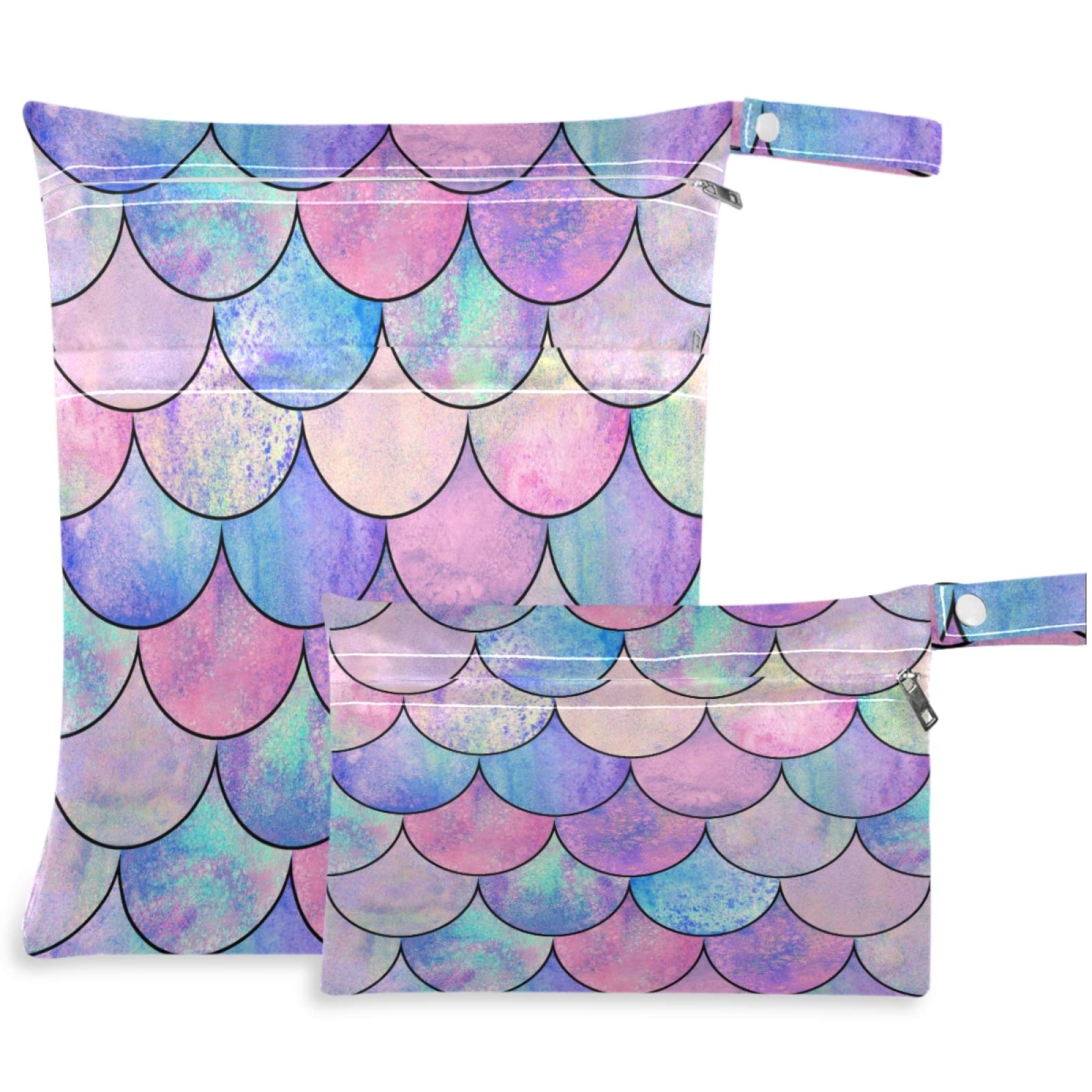 Visesunny Magic Mermaid Scale 2-Piece Wet Bag Set - Waterproof Zippered Pockets, Washable & Reusable Storage Organizer for Swimsuits, Diapers, Gym Clothes - Perfect for Travel, Beach, Pool, Daycare, Stroller & Toiletries Organization