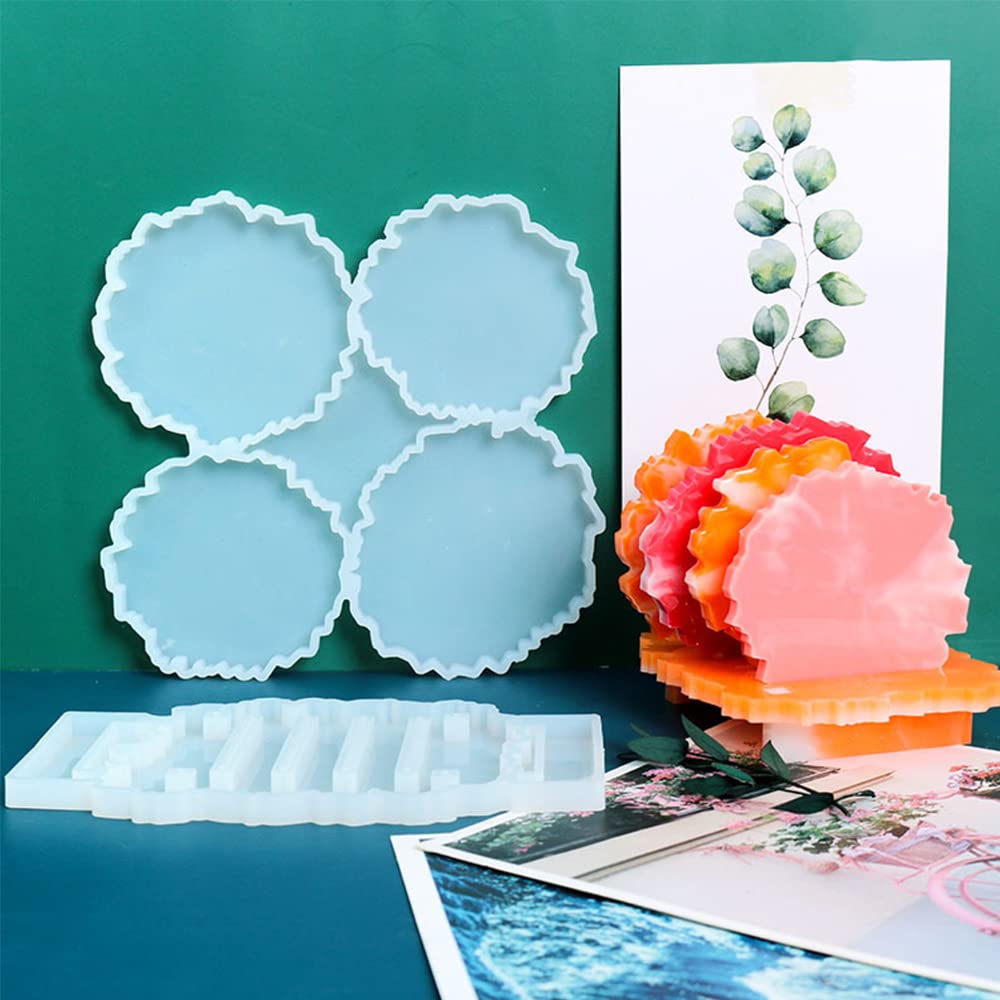 2-Piece Silicone Coaster Mold Set for Epoxy Resin Casting - 1 Irregular Coaster Mold & 1 Storage Stand Mold - DIY Home Decor, Unique Gift Idea for Craft Lovers - Perfect for Coffee Tables, Dining Tables, and Party Decorations