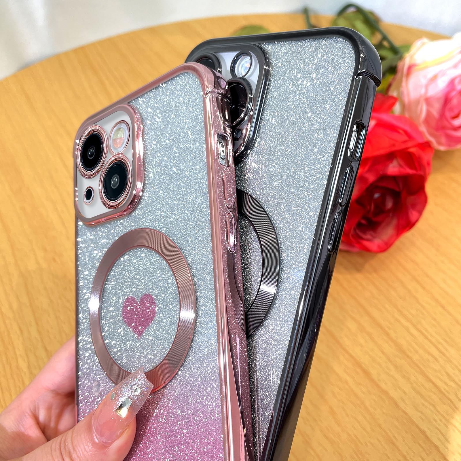 Bonoma Magnetic Glitter iPhone 15 Case [MagSafe Compatible] - Luxury Heart Pattern Bling Clear Cover with Camera Protection | Sparkly Slim Soft Back Case for Women & Girls (Pink) | Perfect for Everyday Use, Parties & Gift Giving