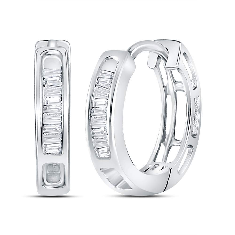 14K White Gold Women's Baguette Diamond Huggie Hoop Earrings 1/6 CTTW - Elegant Everyday Jewelry for Work, Date Night & Special Occasions