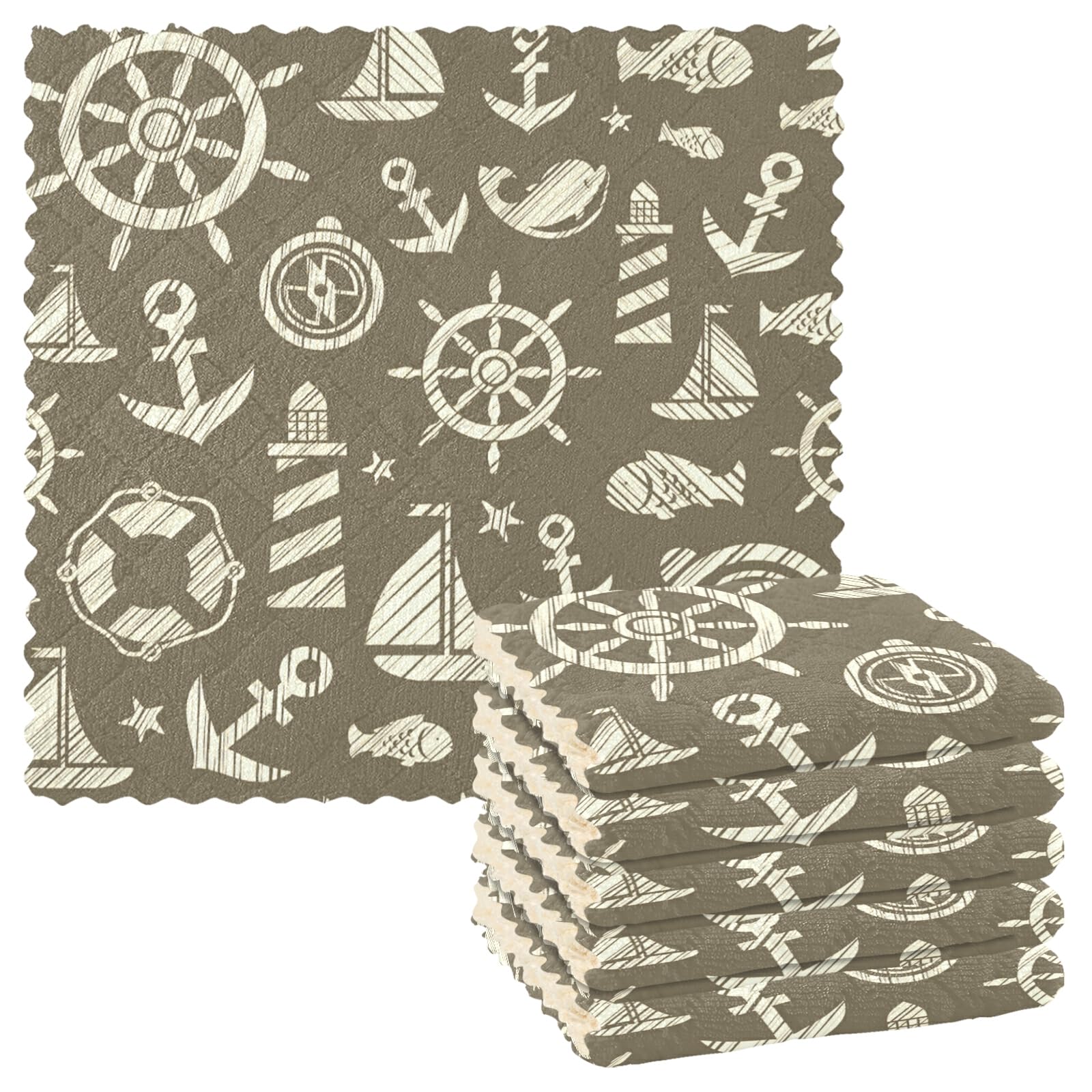 **Vintage Nautical Anchor Steering Wheel Lighthouse 6-Piece Kitchen Towel Set - Absorbent, Lint-Free Waffle Dish Cloths (11