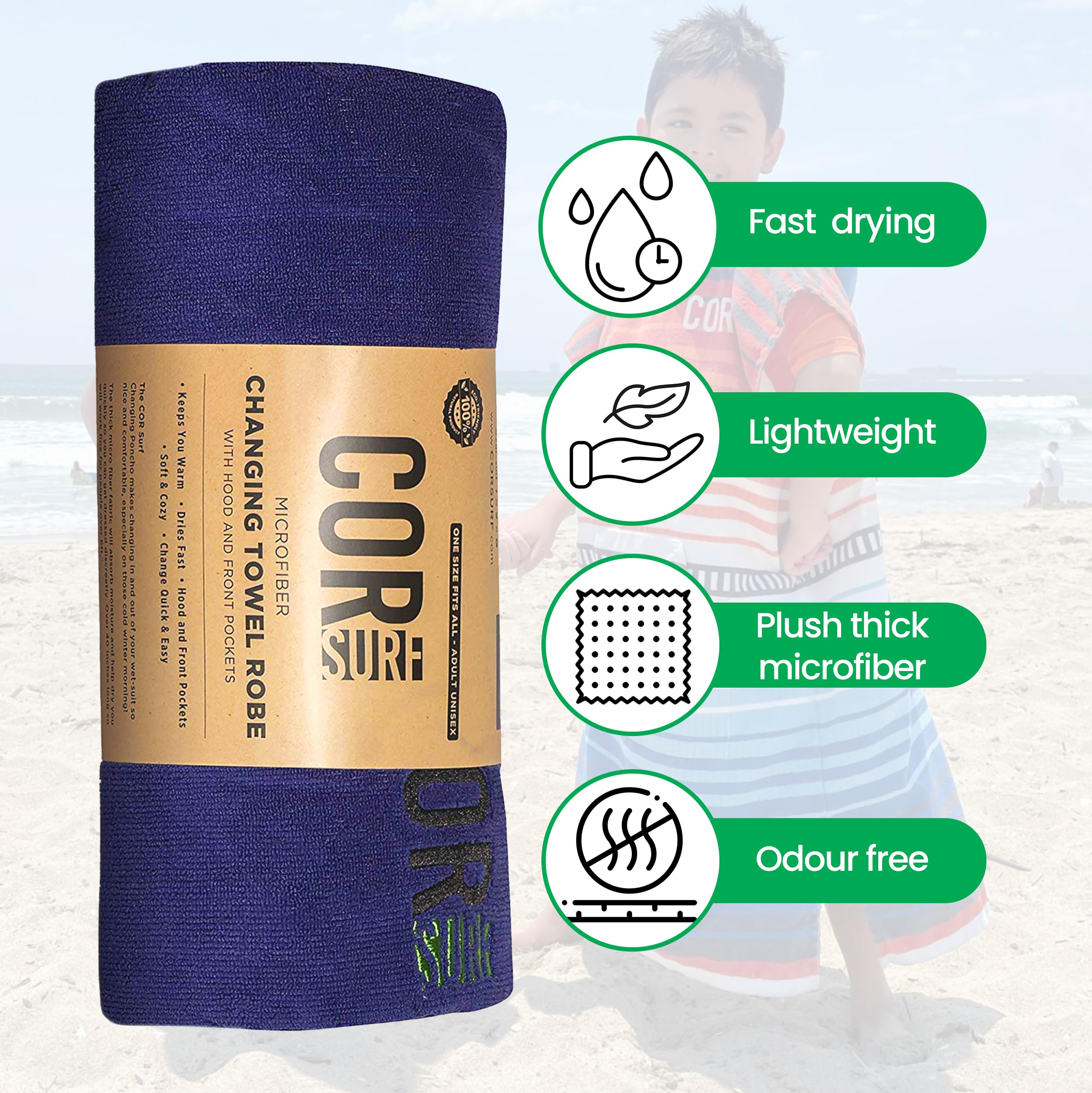 COR Surf Poncho Changing Towel Robe with Hood & Front Pocket for Kids - Quick Dry Beach Towel & Blanket for Swimming, Surfing, Camping & Outdoor Activities