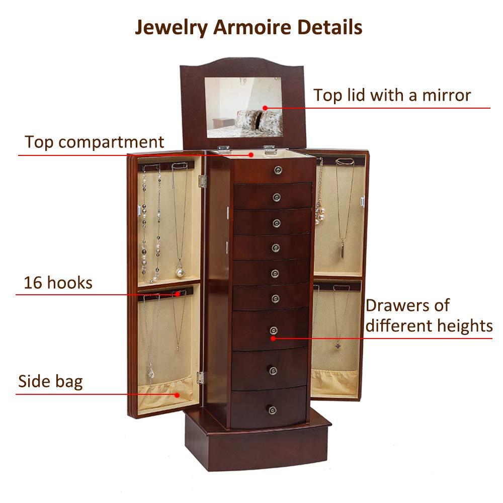 9-Layer Standing Jewelry Armoire Cabinet with 8 Drawers & 2 Swing Doors - Jewelry Box Organizer with 16 Necklace Hooks & Makeup Mirror - Perfect for Bedroom, Closet & Dressing Room Storage