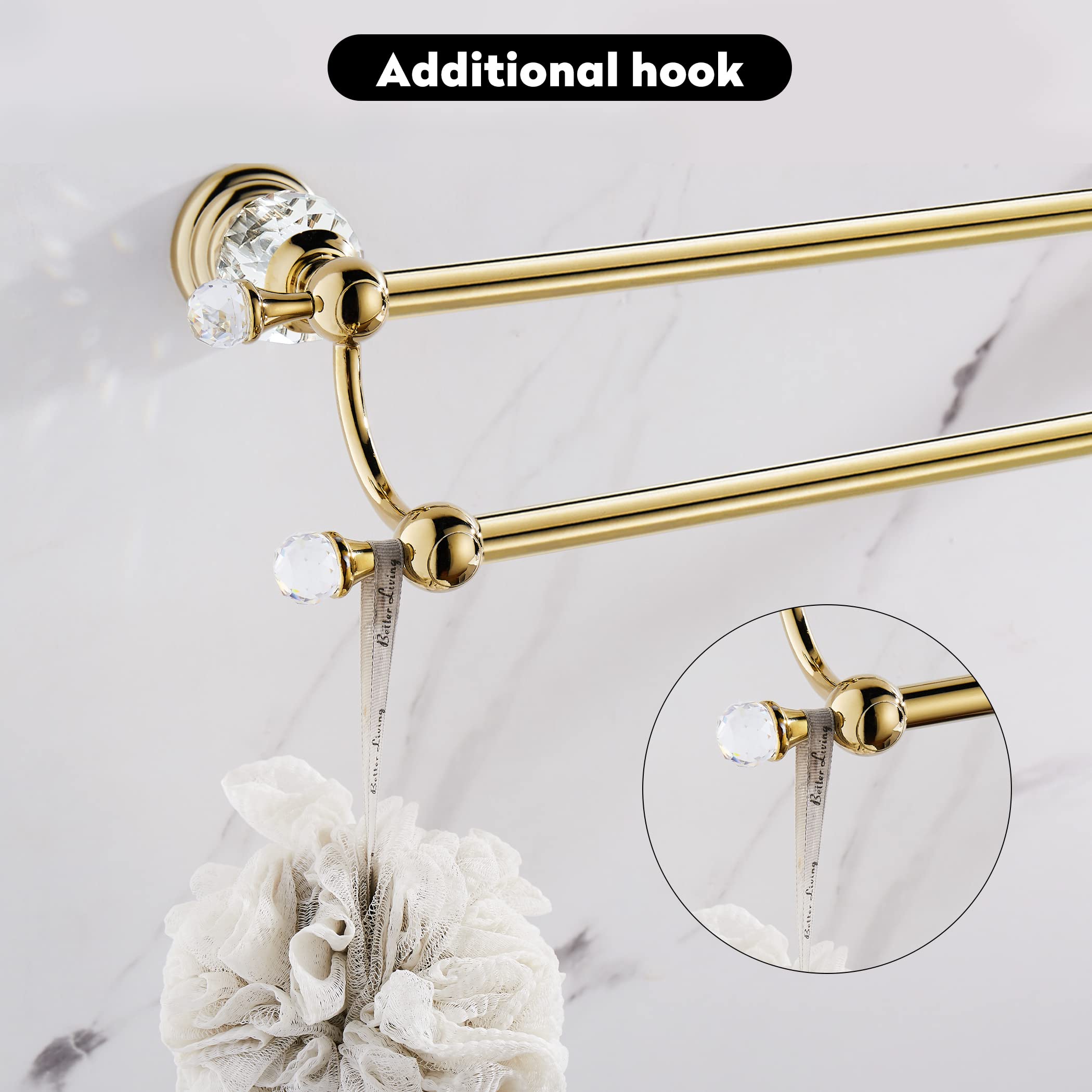 WINCASE Adjustable Gold Towel Bar 18-30 Inch - Crystal Double Towel Holder for Bathroom Wall Mount - Perfect for Spa, Hotel & Luxury Home Decor