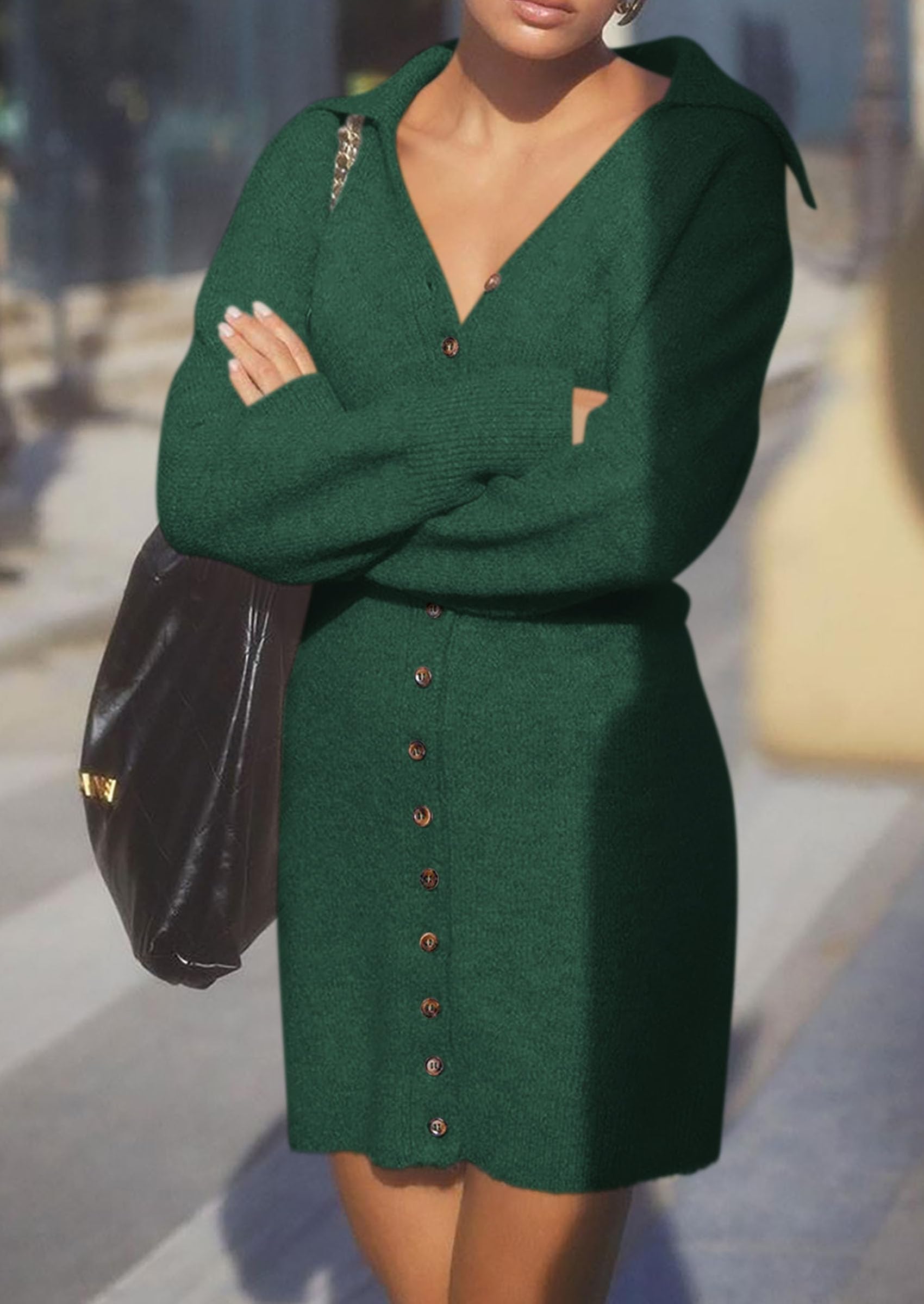 PRETTYGARDEN Women's 2025 Trendy Long Sleeve Button Down Sweater Dress - Soft Knit Short Spring Dress for Casual Outings, Date Nights & Office Wear