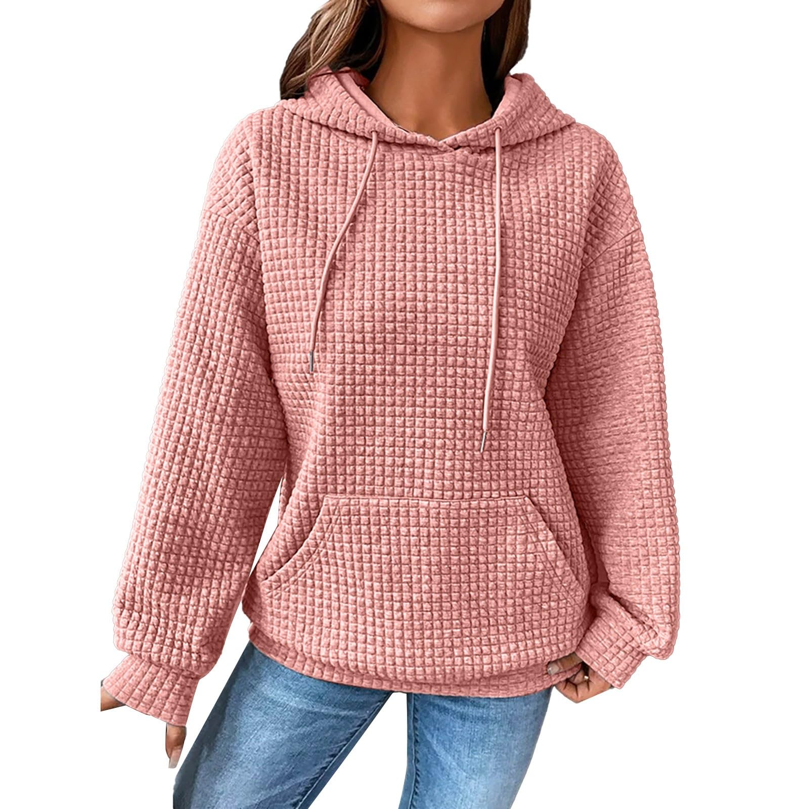 CRNTCEM Women's Waffle Knit Hoodie - Long Sleeve Plaid Print Crewneck Sweatshirt with Drawstring & Pocket | Casual Loungewear, Fall Winter Outfit, Streetwear Fashion