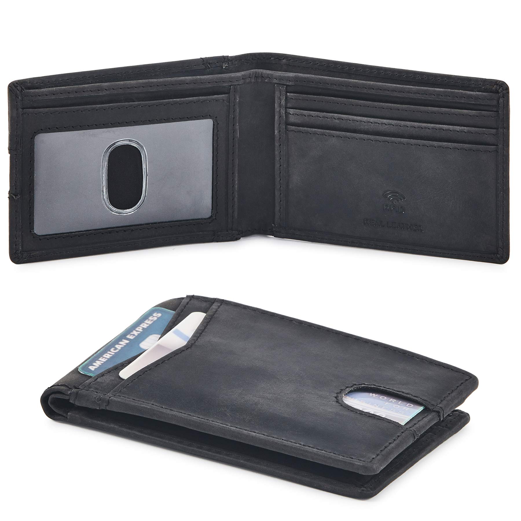 Premium Men's Bifold Leather Wallet - Slim RFID Blocking Front Pocket Wallet with ID Window | Genuine Crazy Horse Leather | Gift Box Included | Perfect for Everyday Carry, Business & Travel (Black)
