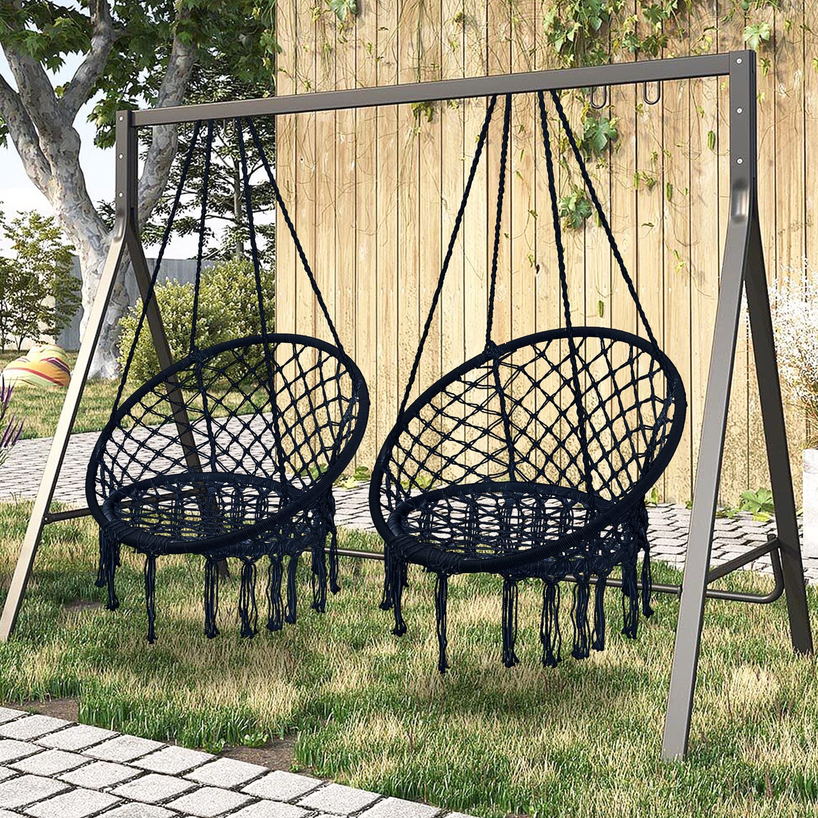Bohemian Macrame Hammock Chair Swing Set of 2 - Handmade Cotton Rope Hanging Chair with Tassels for Indoor & Outdoor Use - Supports 330 lbs (Black) - Perfect for Bedroom, Patio, Garden Relaxation & Boho Decor