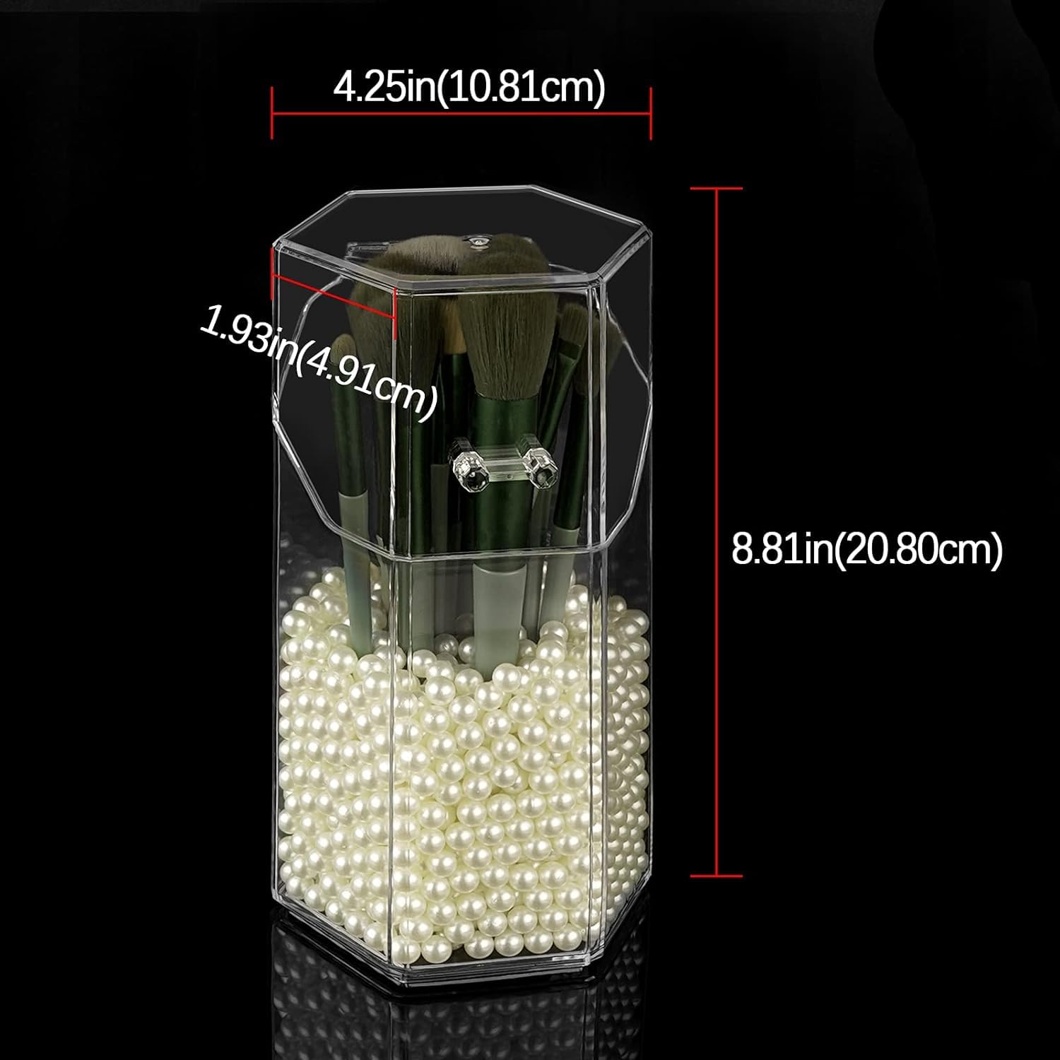 Hexagon Acrylic Makeup Brush Holder with Lid - Dustproof Cosmetic Organizer & Storage Case with White Pearl - Perfect for Bathroom, Dresser, Vanity and Countertop (Clear) - Ideal for Travel, Home Decor & Beauty Storage Organization