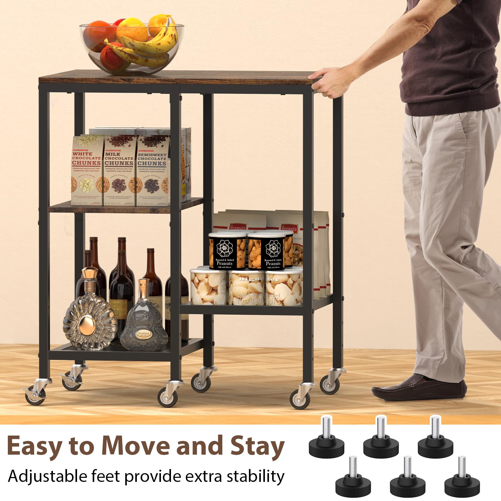 **4-Tier Rolling Microwave Cart with Wheels - Rustic Brown Kitchen Storage Shelf for Small Appliances, Coffee Bar Station & Baker's Rack | Perfect for Kitchen, Living Room & Apartment Organization**