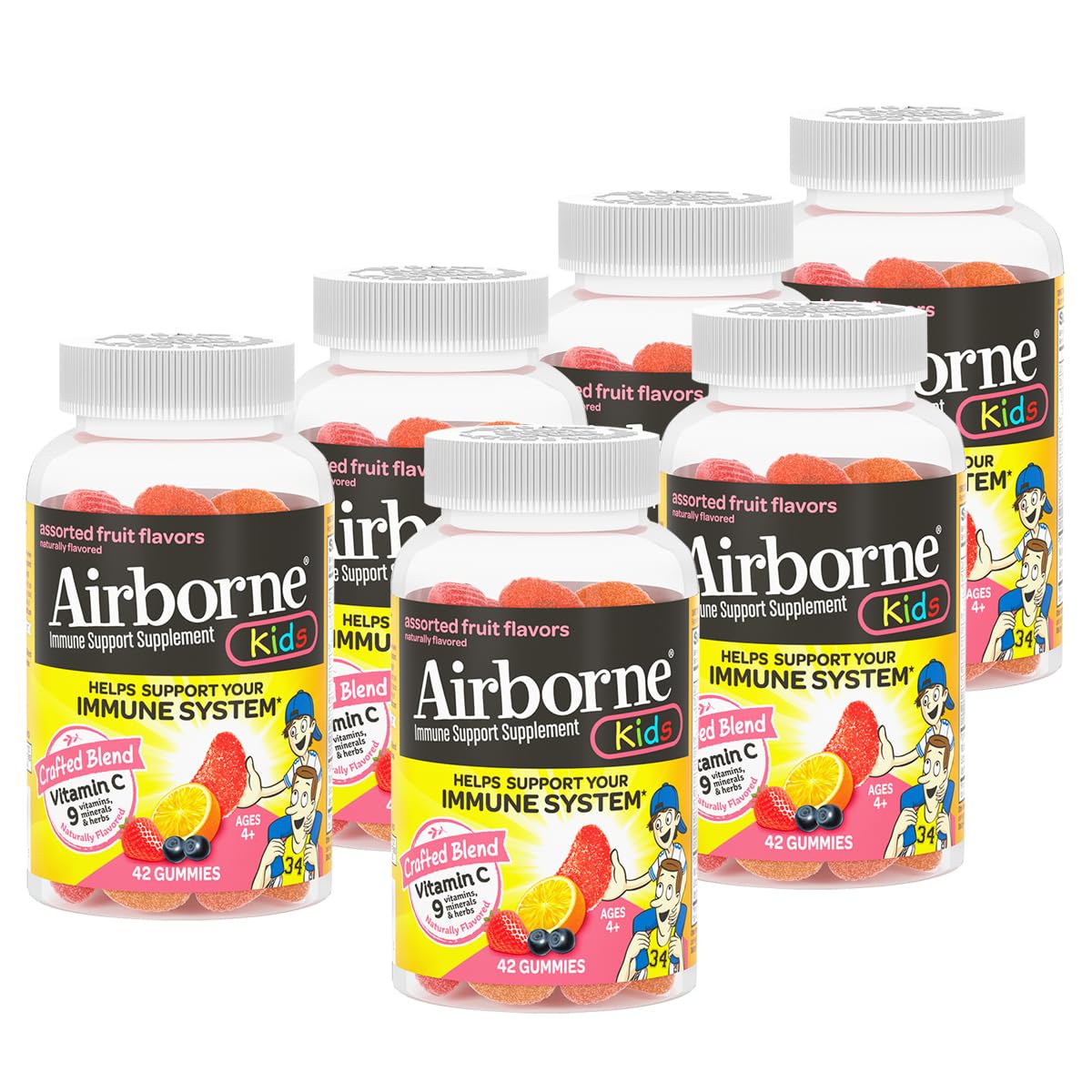 Airborne 500mg Vitamin C + Zinc Immune Support Gummies for Kids - Gluten Free, Antioxidant Rich with Vitamins C & E, Assorted Fruit Flavors (6 Pack, 42 Gummies) | Boosts Immunity During Cold & Flu Season, School & Travel