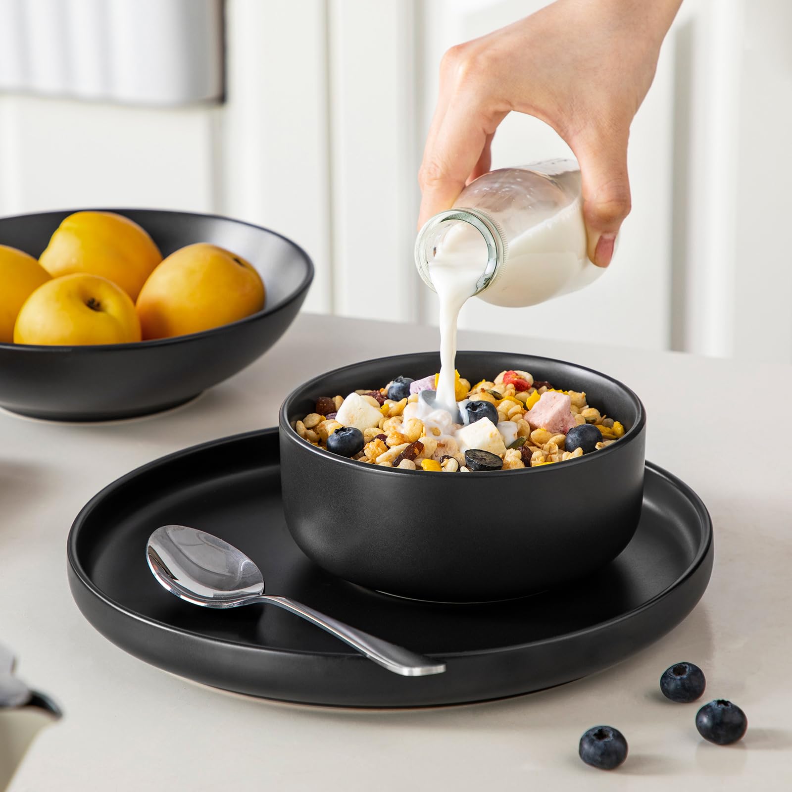 Vancasso PLAYA Series 24-Piece Black Stoneware Dinner Set - Matte Plates & Bowls for 6 People (6 Dinner Plates, 6 Dessert Plates, 6 Soup Bowls, 6 Cereal Bowls) - Elegant Tableware for Restaurants, Weddings & Family Dining