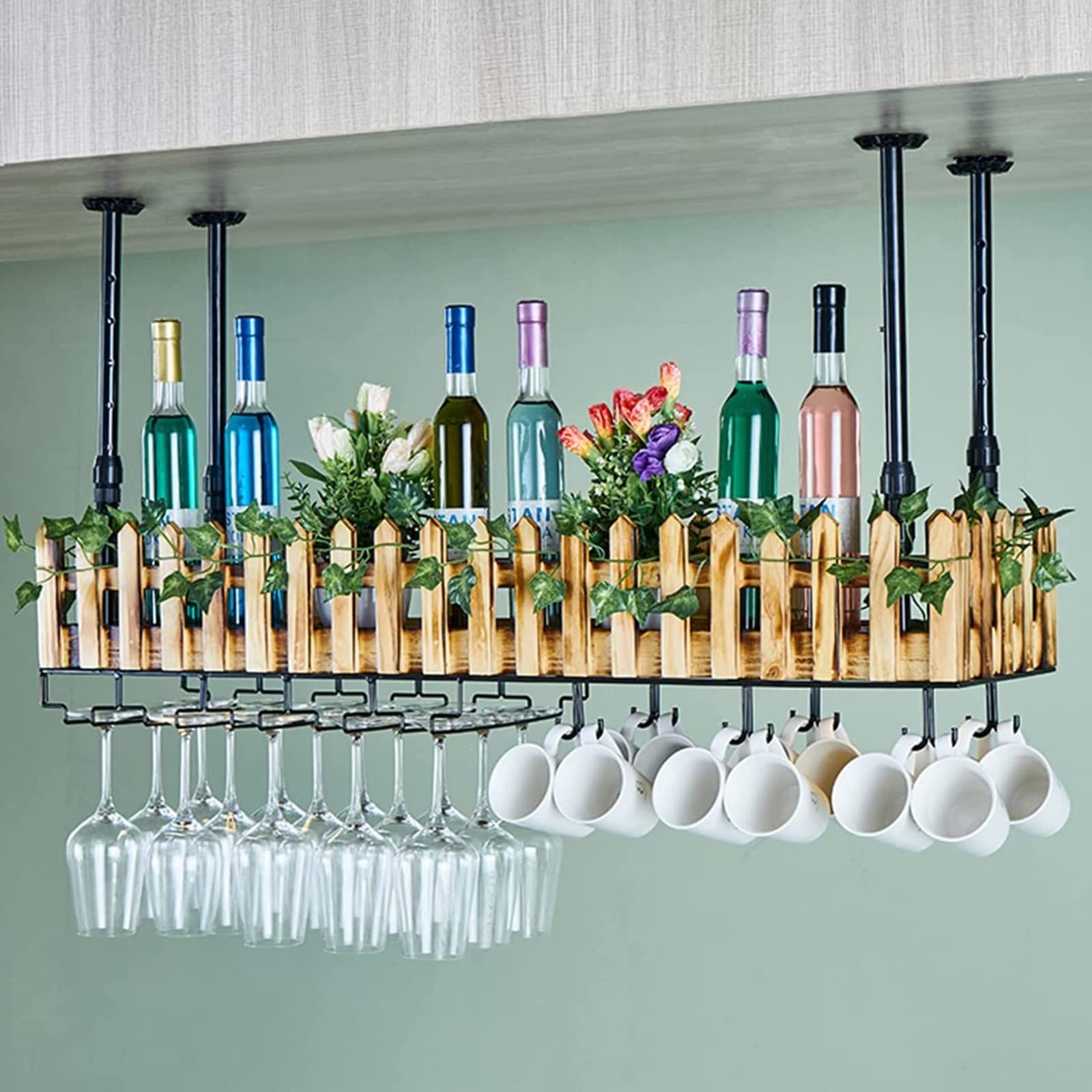 DASHADAO Adjustable Industrial Wine Glass Shelf with LED Lights - 60cm Ceiling Decorative Wine Rack for Home, Kitchen, Bar, Living Room & Office - Perfect for Wine Storage and Modern Interior Decor
