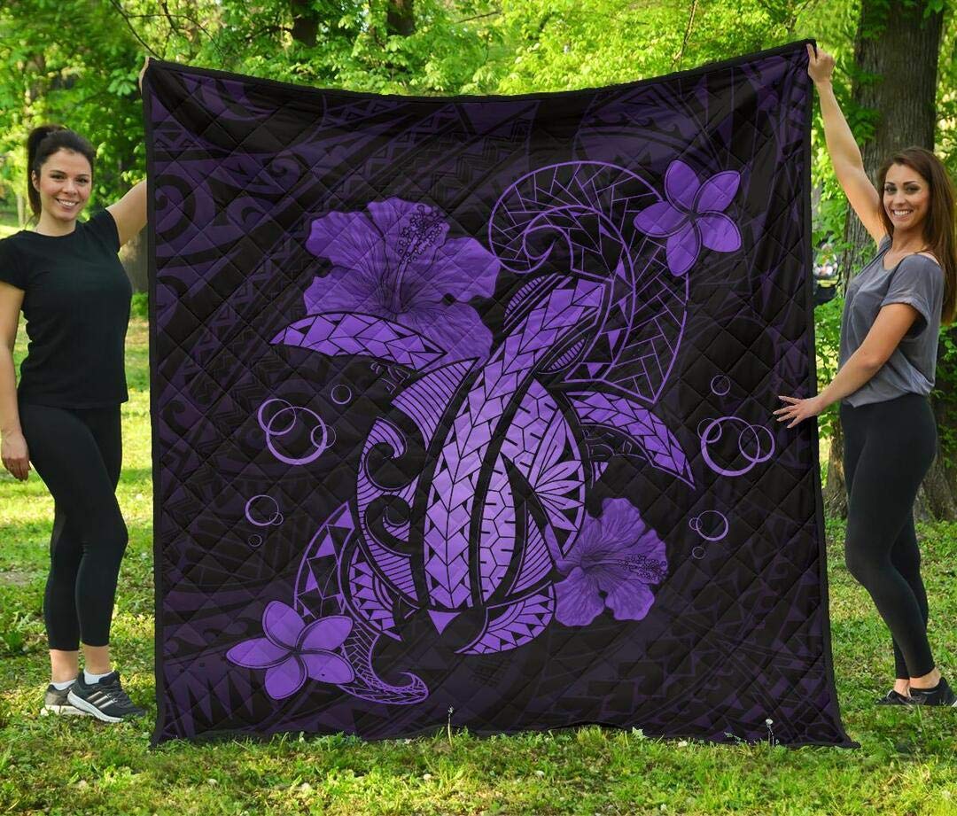 Personalized Purple Hawaiian Turtle Flower Polynesian Quilt Set - Twin Size Lightweight Microfiber Comforter, Beach Theme Coastal Bedding for Guest Room, Dorm, or Tropical Home Decor