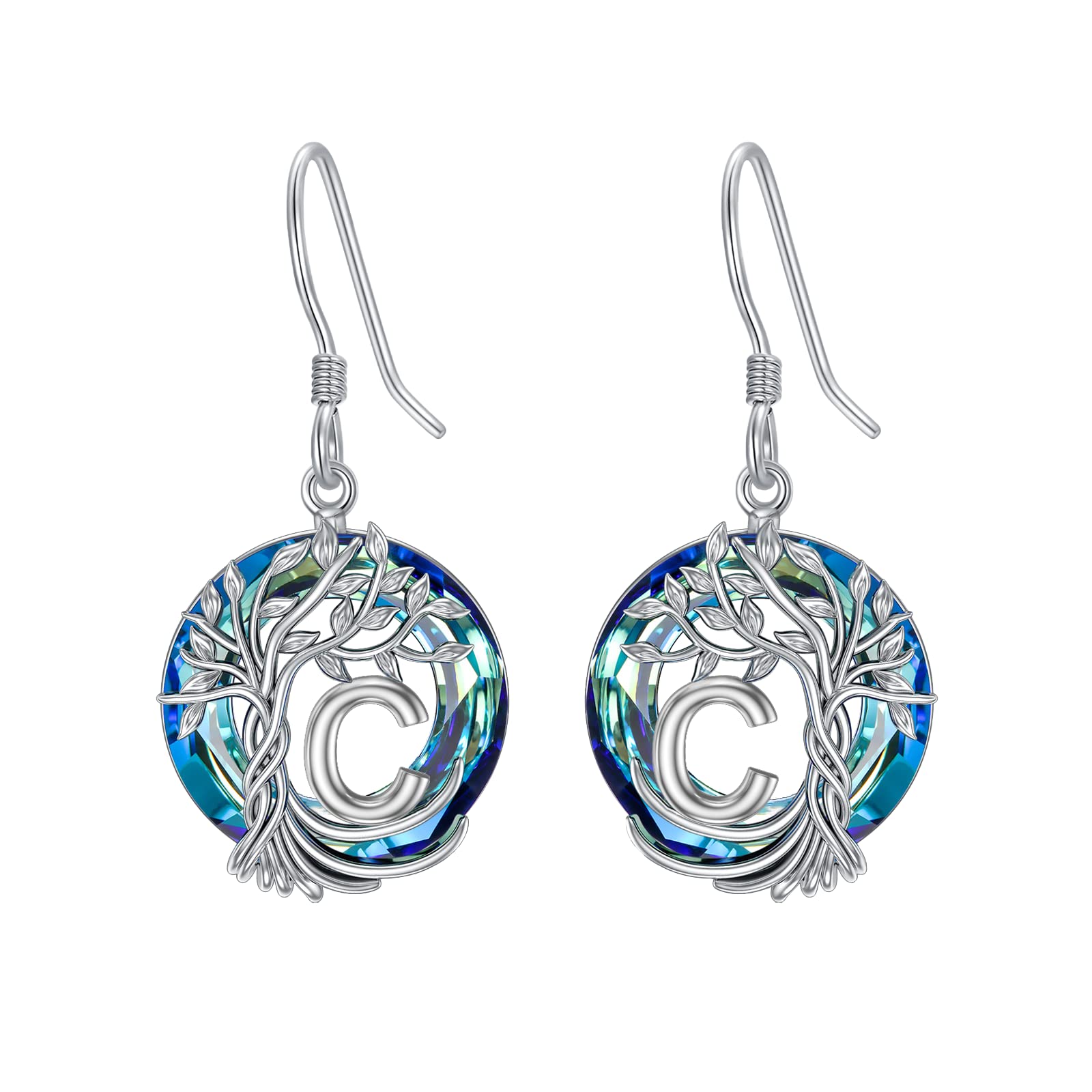 TOUPOP Tree of Life Initial Earrings - 925 Sterling Silver A-Z Letter Drop Dangle Earrings with Blue Circle Crystal | Valentine's Day, Anniversary & Birthday Jewelry Gifts for Women, Girlfriend & Mom | Perfect for Romantic Occasions, Mother's Day & Special Celebrations
