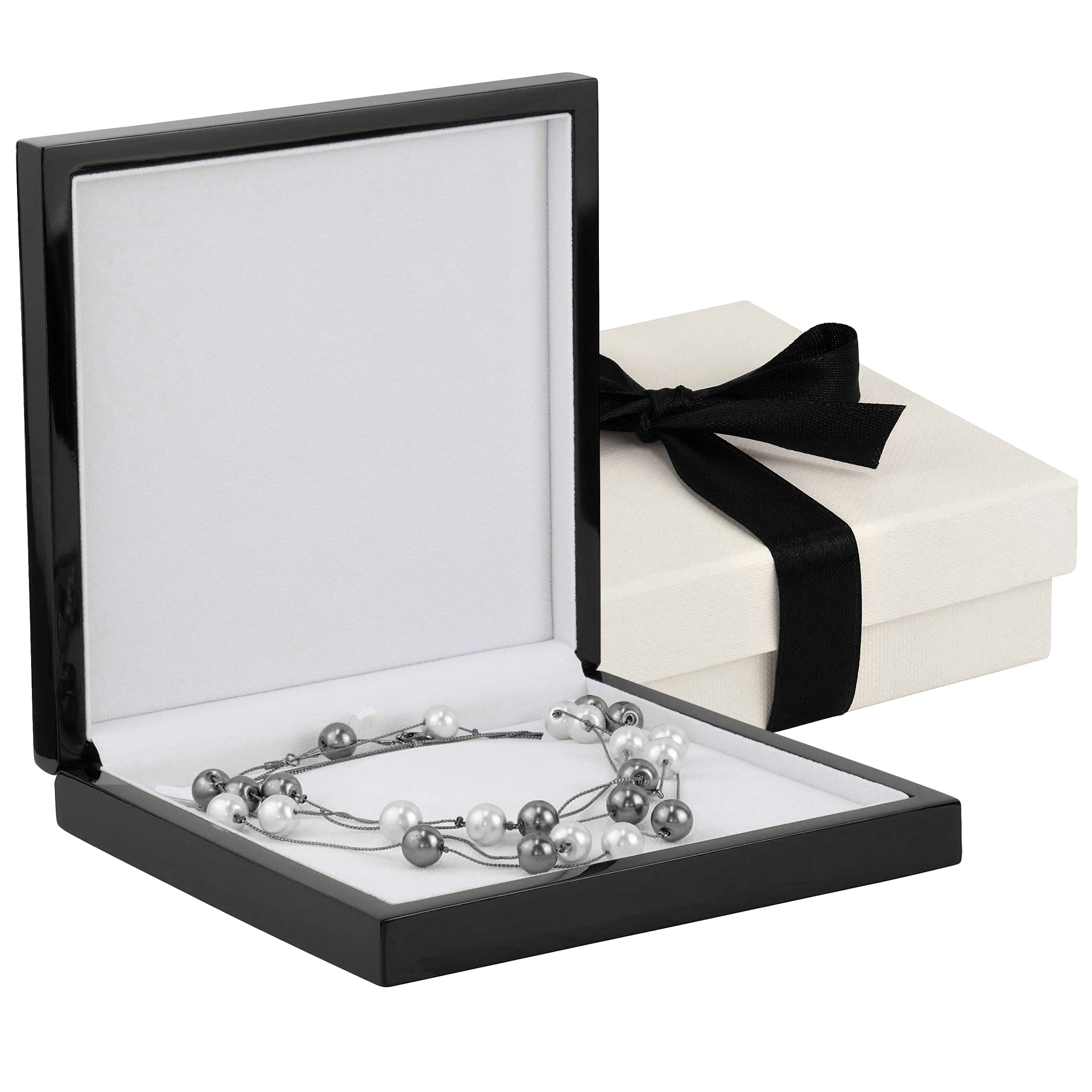 Elegant Wooden Piano Necklace Gift Box - Large Jewelry Storage Case for Necklaces, Pearls & Pendants - Premium Pearl Necklace Box with 2 Piece Packer & Ribbon (Black) - Perfect for Jewelry Gifting, Wedding Accessories & Luxury Present Packaging